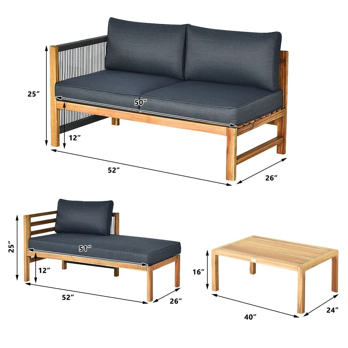 3pc Acacia Wood Sofa Set with Nylon Armrest - Grey