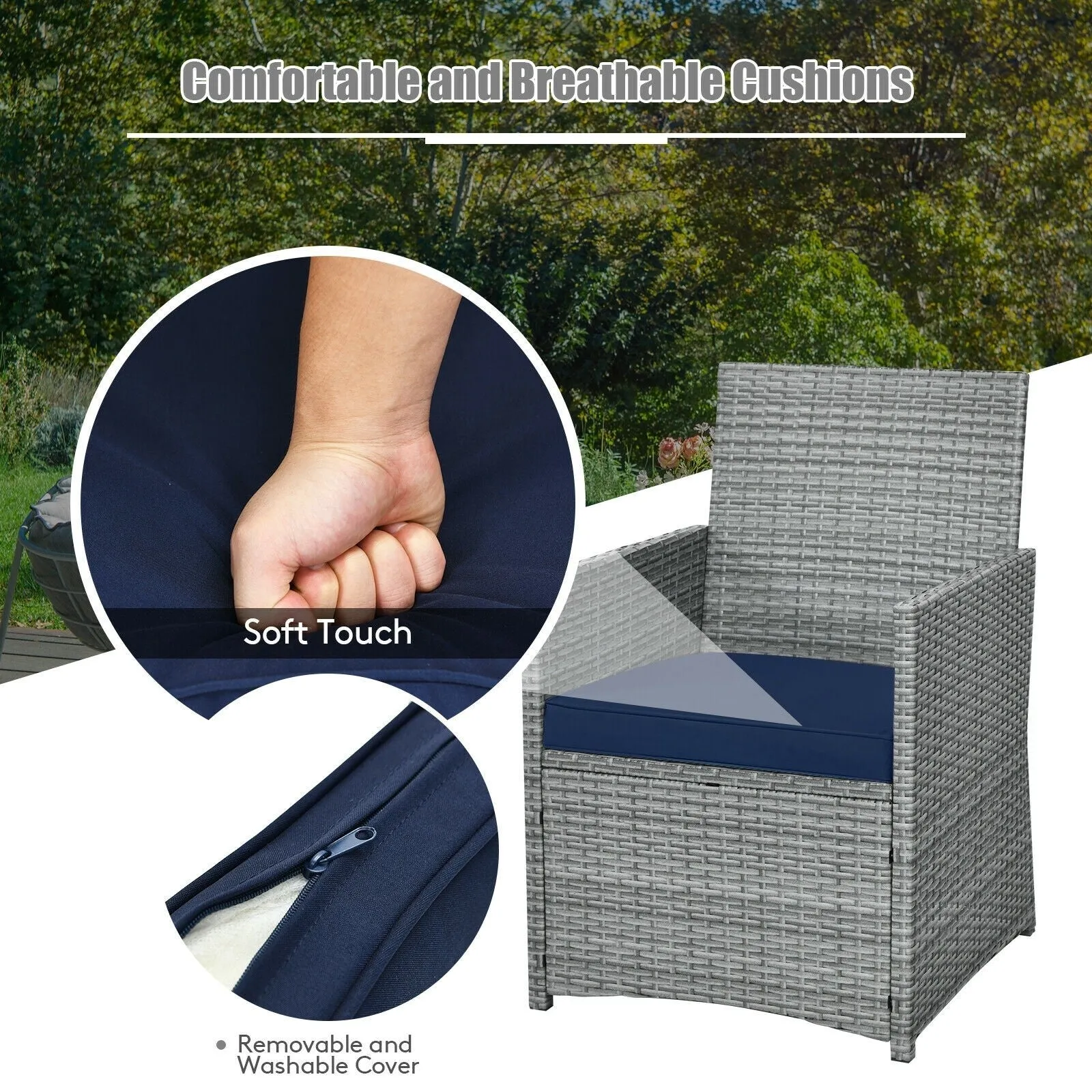 3pc Cushioned Patio Rattan Furniture Set - Navy
