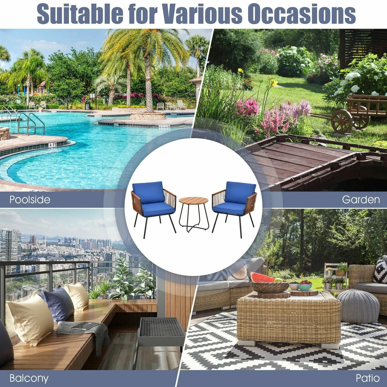 3pc Patio Bistro Furniture Set - Blue