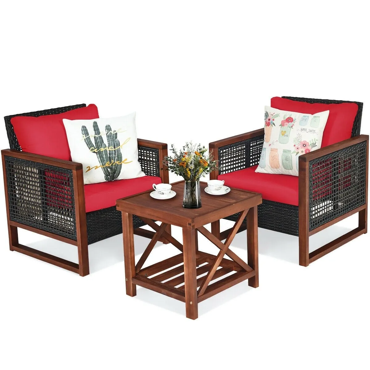 3pc Wicker Rattan Patio Furniture Set with Wooden Frame - Red