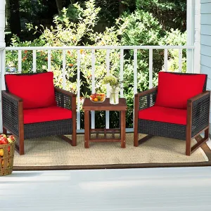 3pc Wicker Rattan Patio Furniture Set with Wooden Frame - Red