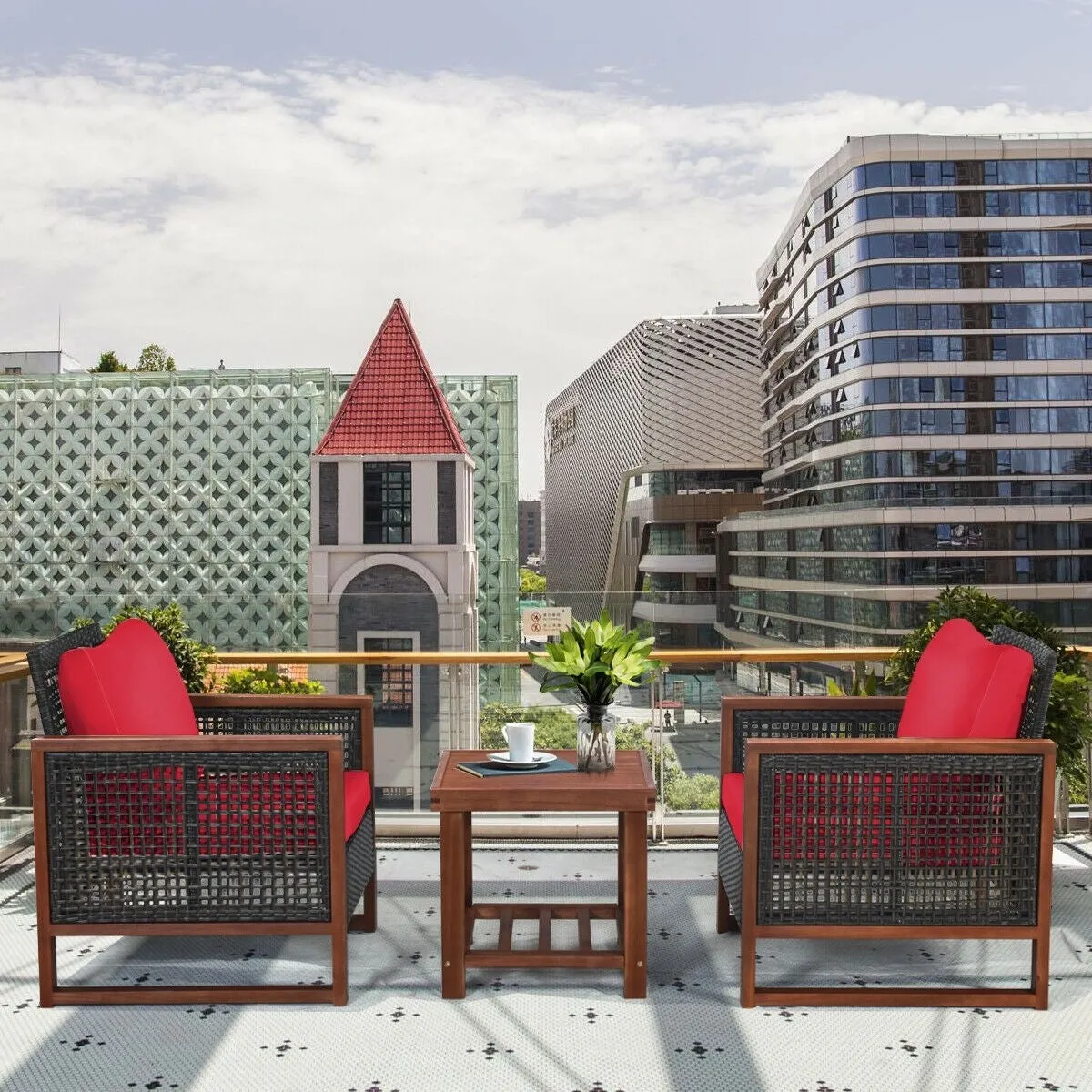 3pc Wicker Rattan Patio Furniture Set with Wooden Frame - Red