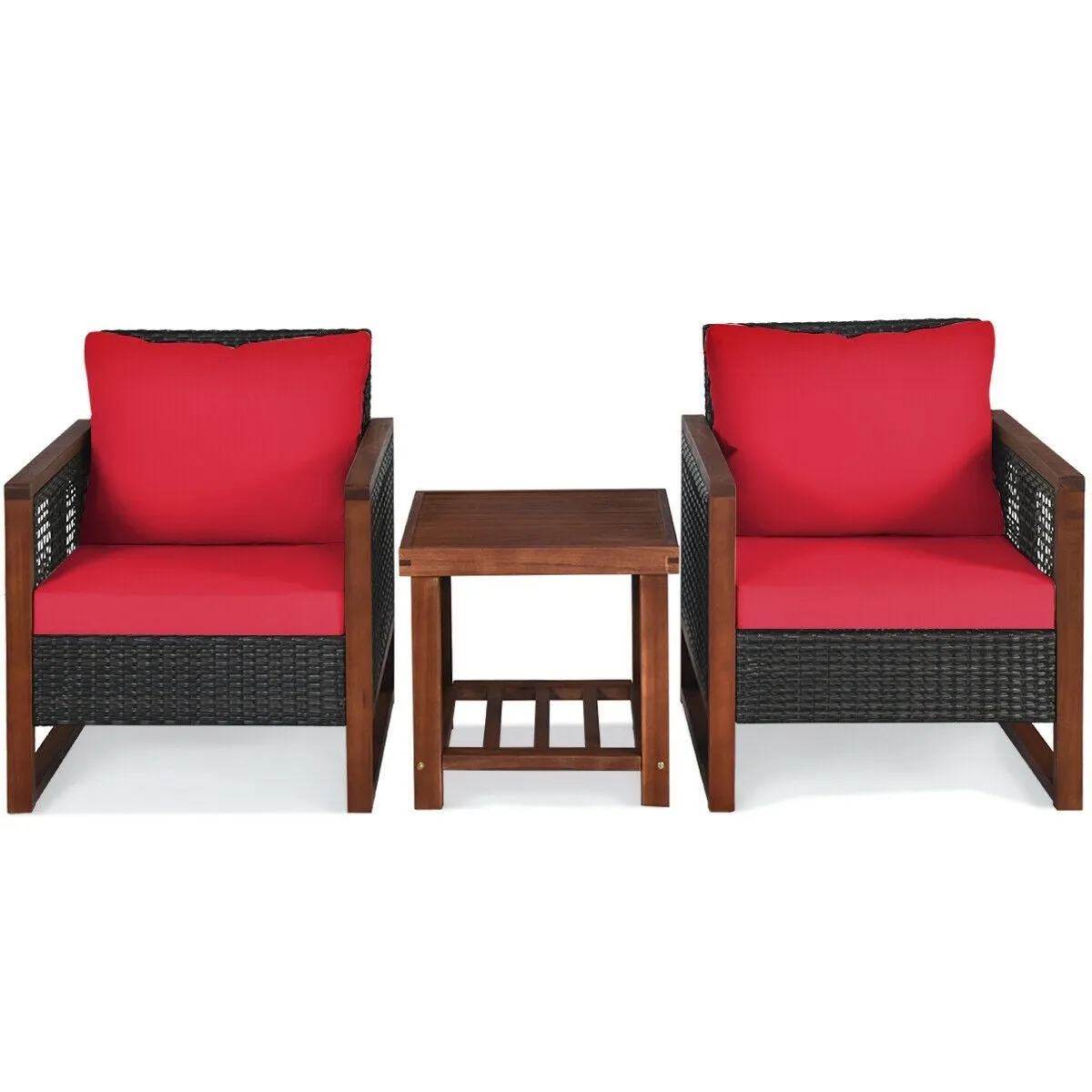 3pc Wicker Rattan Patio Furniture Set with Wooden Frame - Red