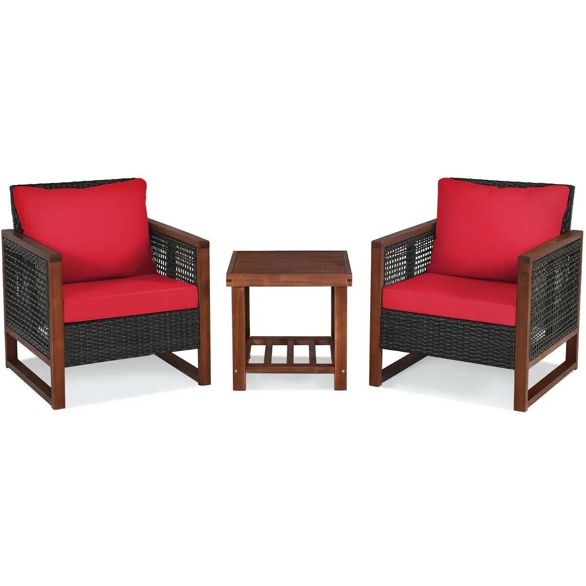 3pc Wicker Rattan Patio Furniture Set with Wooden Frame - Red