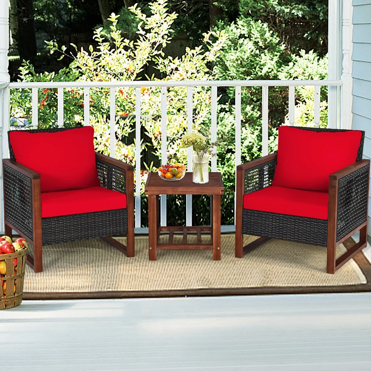 3pc Wicker Rattan Patio Furniture Set with Wooden Frame - Red