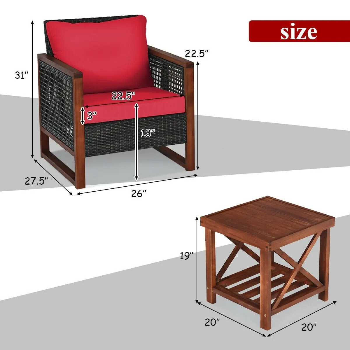 3pc Wicker Rattan Patio Furniture Set with Wooden Frame - Red