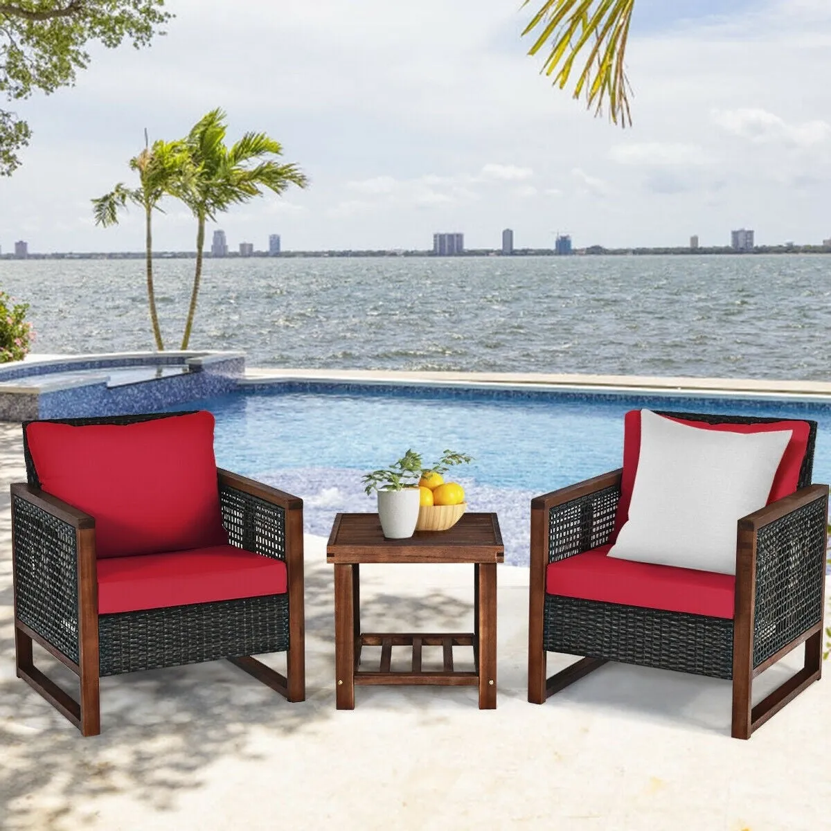 3pc Wicker Rattan Patio Furniture Set with Wooden Frame - Red