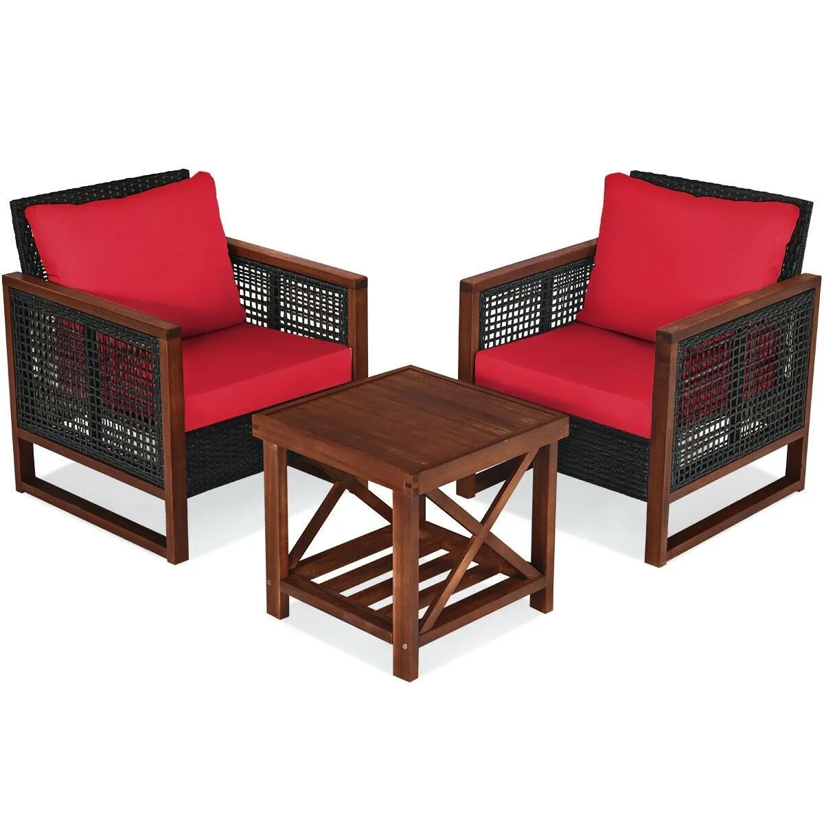 3pc Wicker Rattan Patio Furniture Set with Wooden Frame - Red