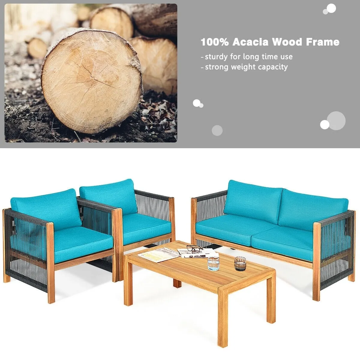 4pc Acacia Wood Outdoor Patio Furniture Set with Cushions - Turquoise