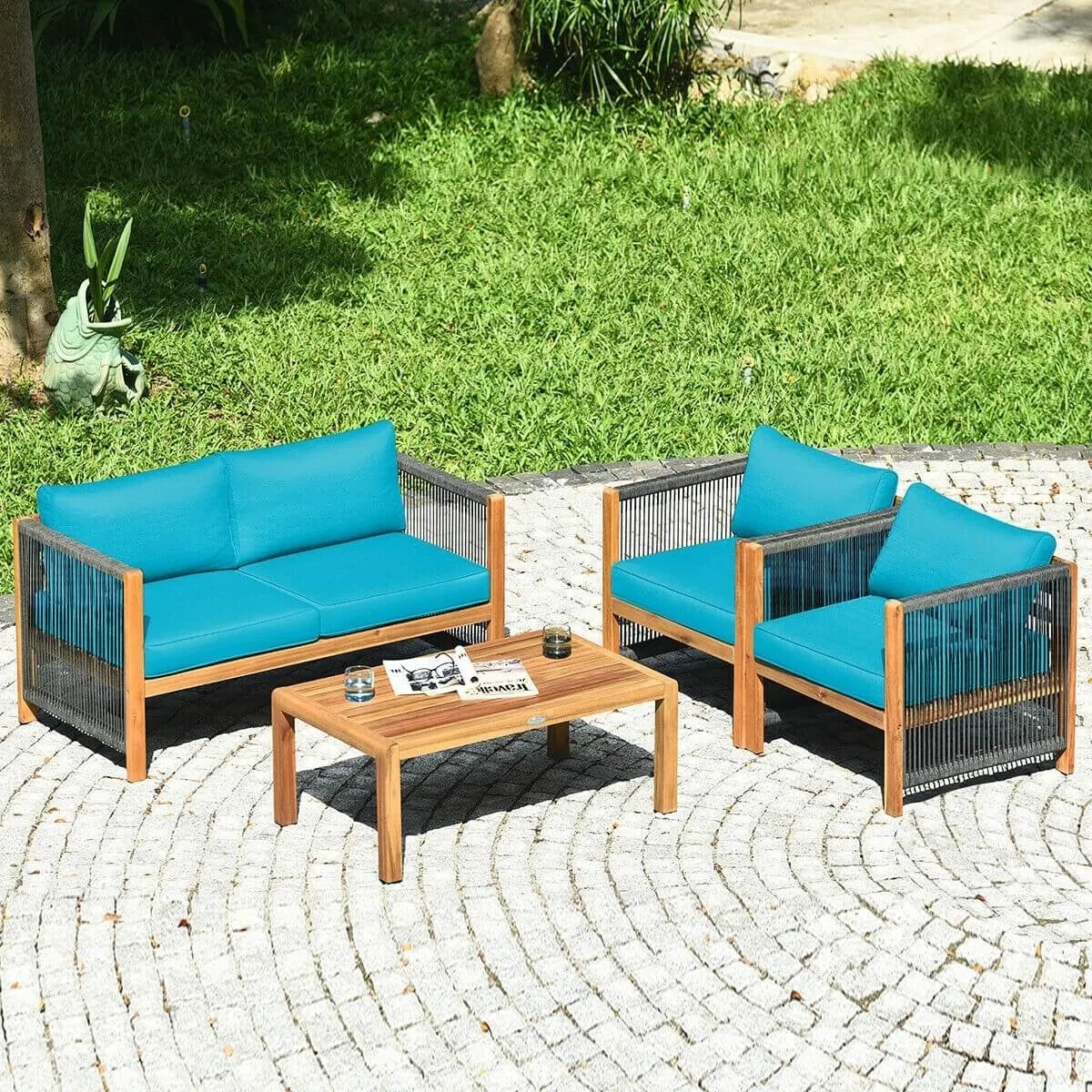 4pc Acacia Wood Outdoor Patio Furniture Set with Cushions - Turquoise