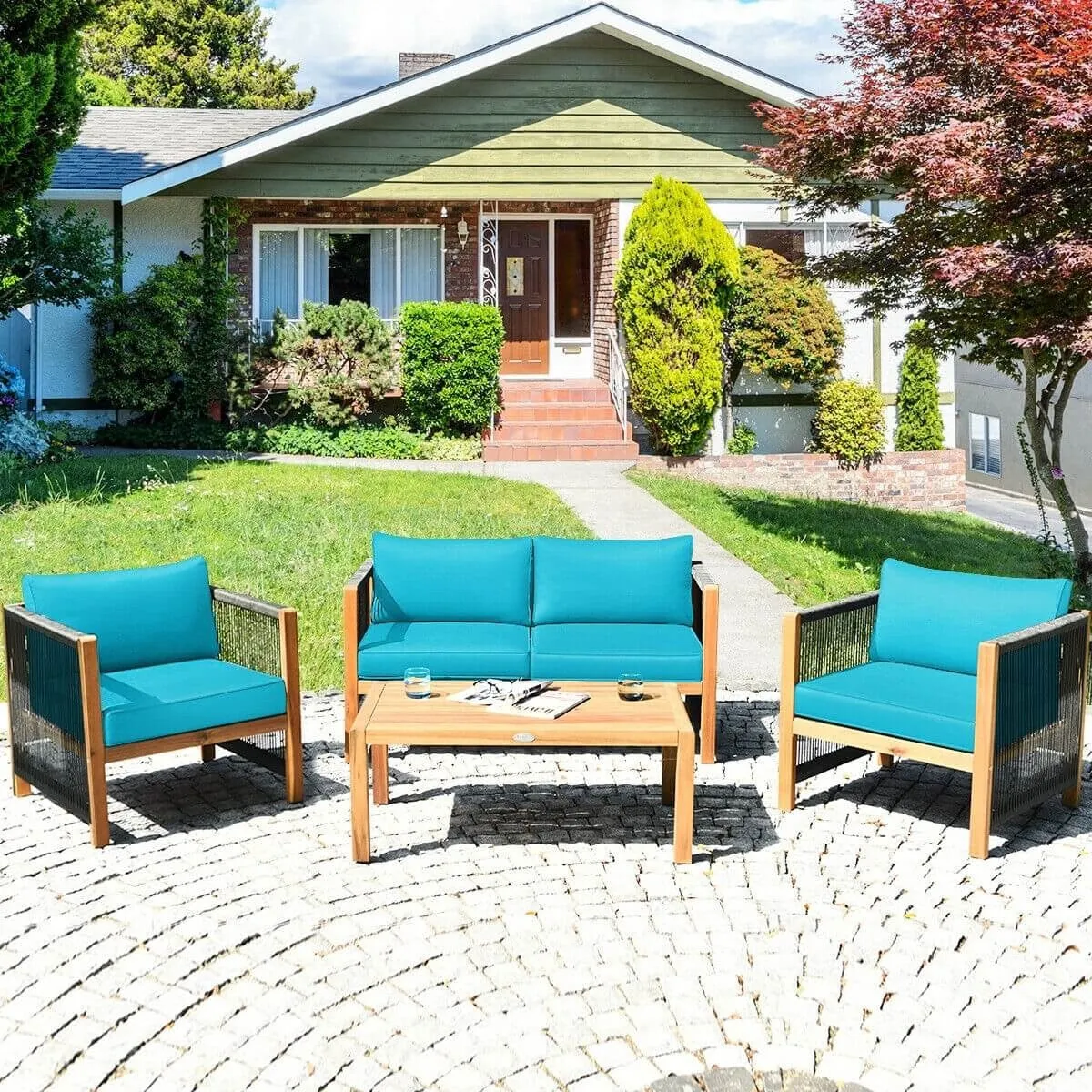 4pc Acacia Wood Outdoor Patio Furniture Set with Cushions - Turquoise