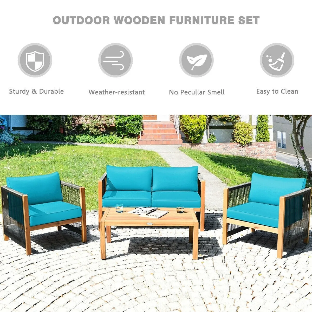 4pc Acacia Wood Outdoor Patio Furniture Set with Cushions - Turquoise