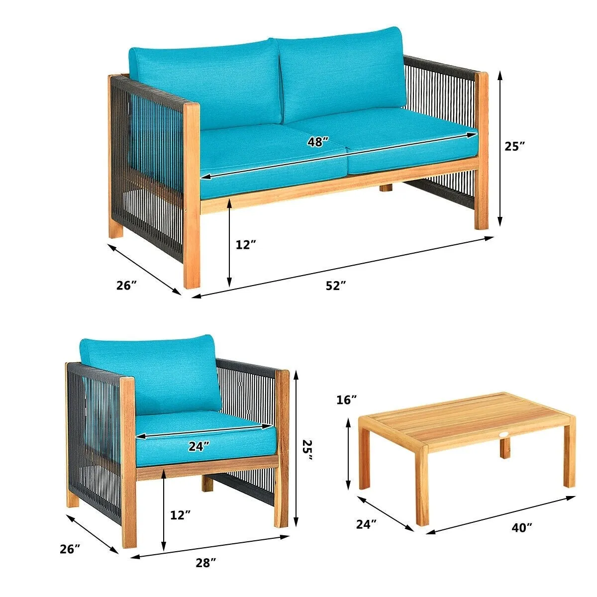 4pc Acacia Wood Outdoor Patio Furniture Set with Cushions - Turquoise