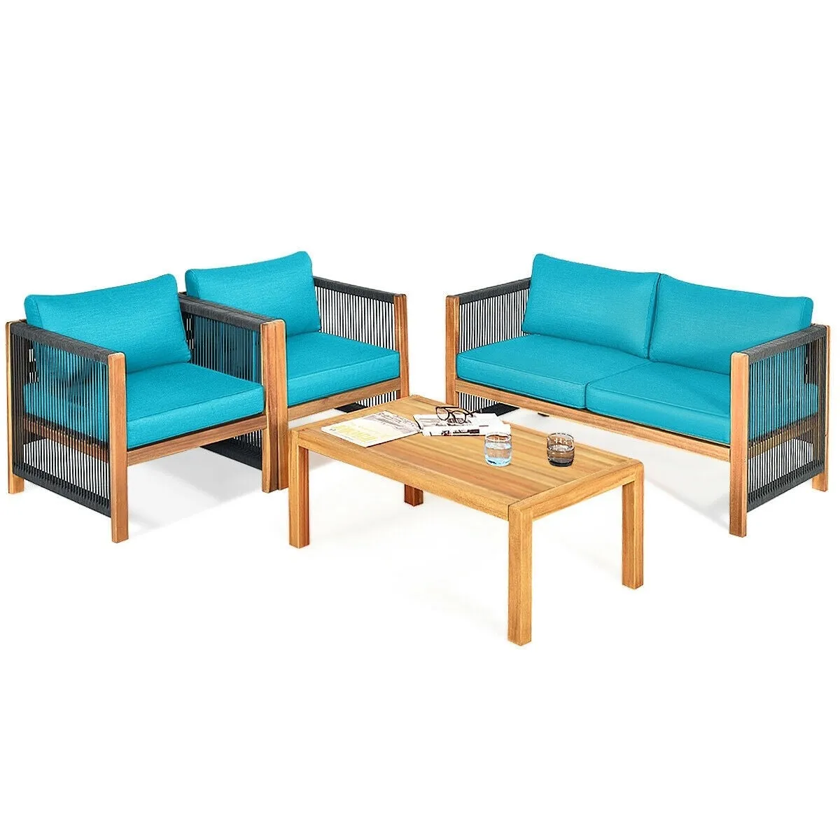 4pc Acacia Wood Outdoor Patio Furniture Set with Cushions - Turquoise