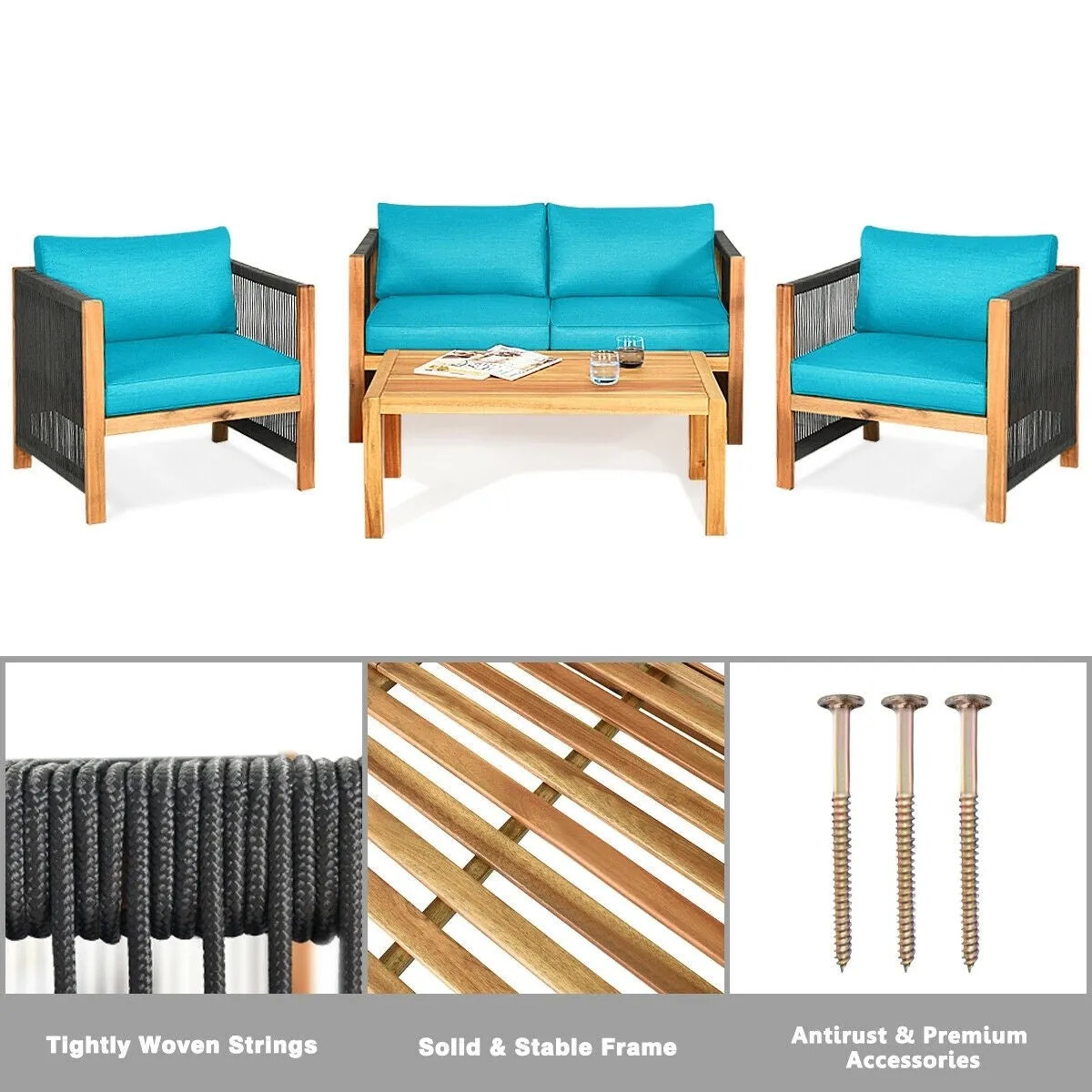 4pc Acacia Wood Outdoor Patio Furniture Set with Cushions - Turquoise