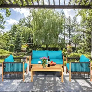 4pc Acacia Wood Outdoor Patio Furniture Set with Cushions - Turquoise