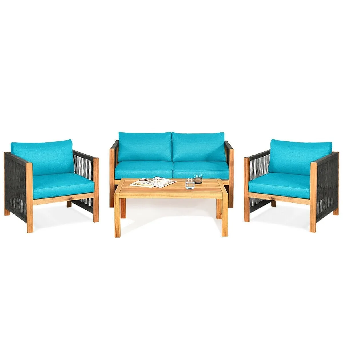 4pc Acacia Wood Outdoor Patio Furniture Set with Cushions - Turquoise