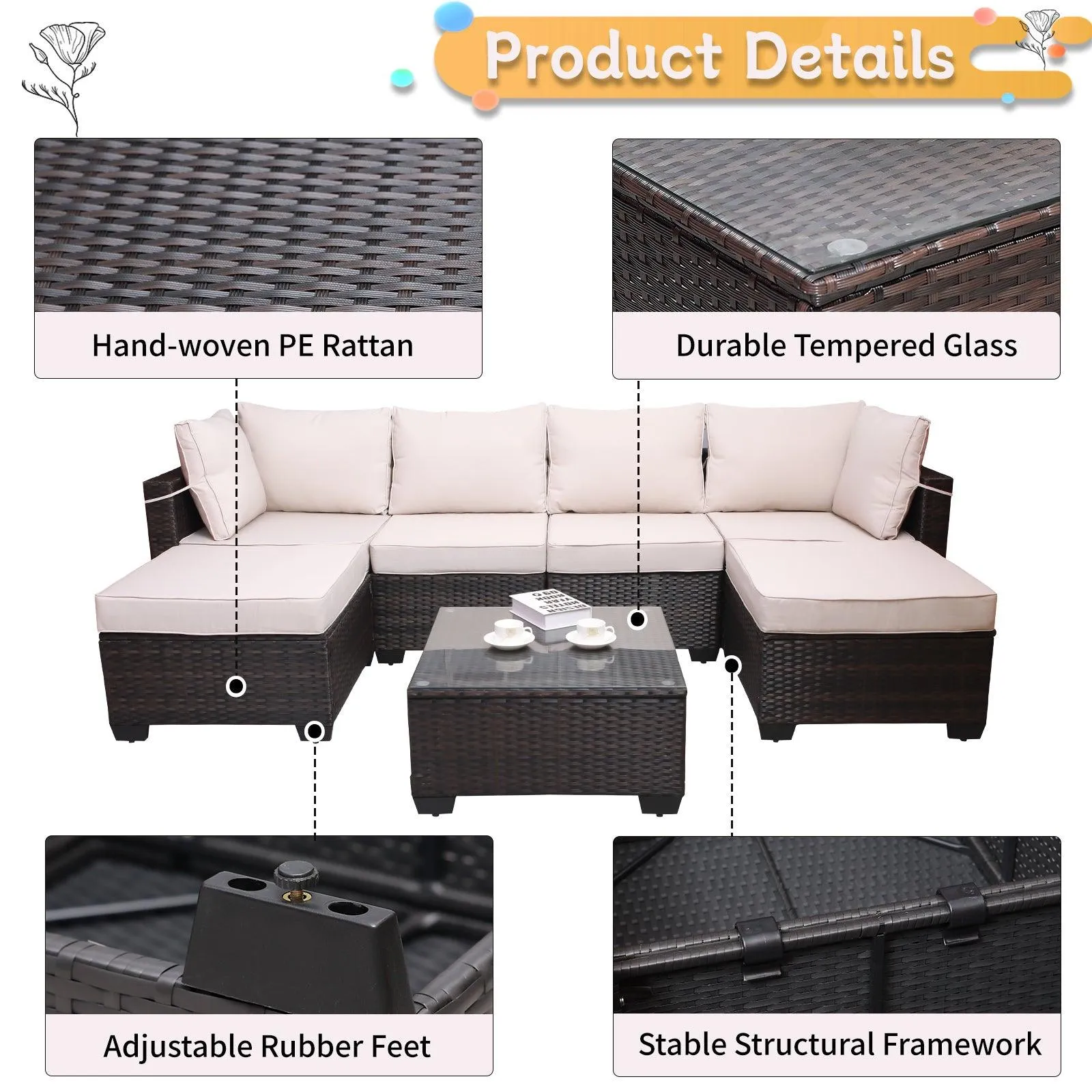 7-Piece PE Rattan Wicker Cushioned Sofa Sets and Coffee Table, Brown and Beige
