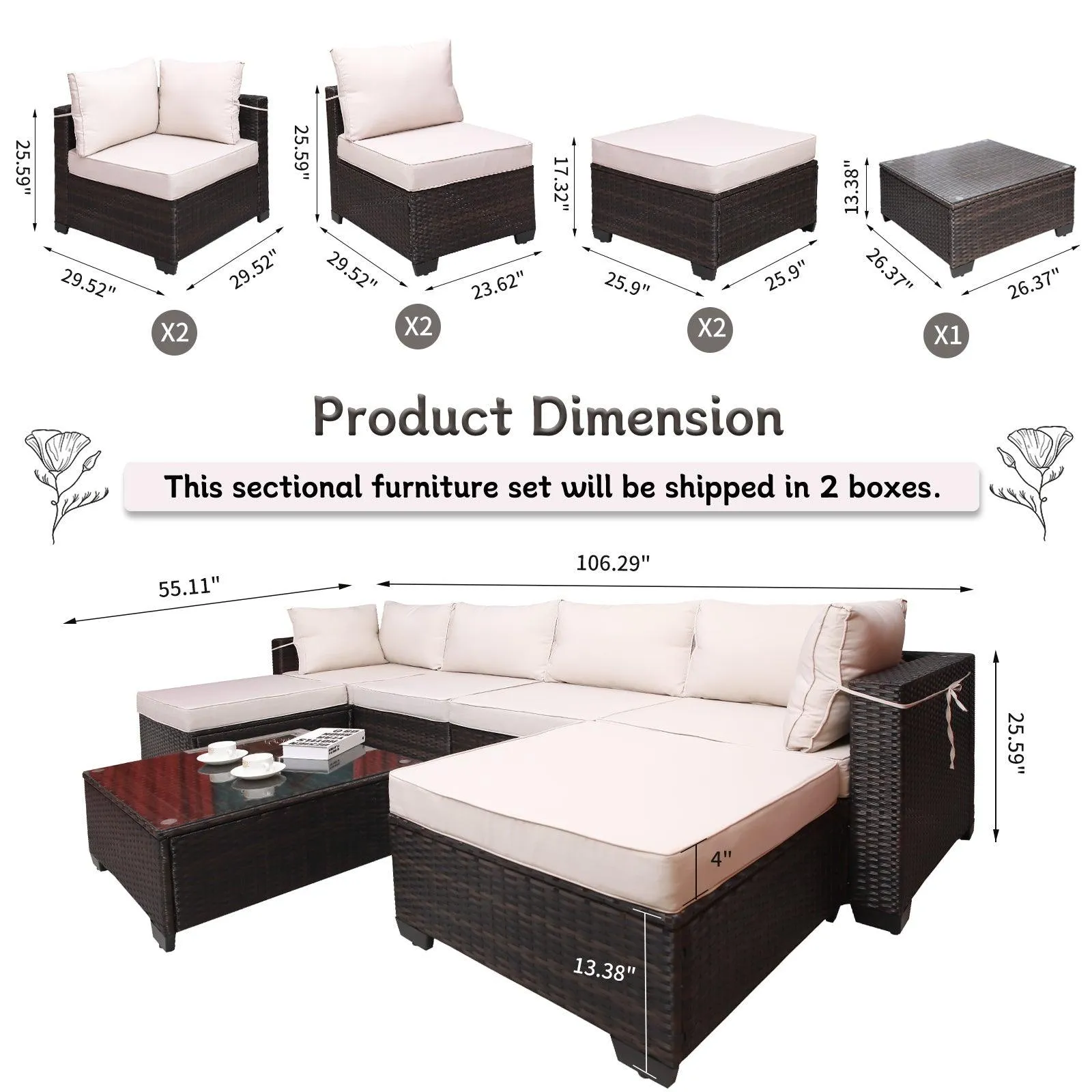 7-Piece PE Rattan Wicker Cushioned Sofa Sets and Coffee Table, Brown and Beige