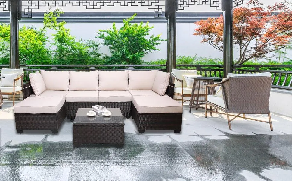 7-Piece PE Rattan Wicker Cushioned Sofa Sets and Coffee Table, Brown and Beige