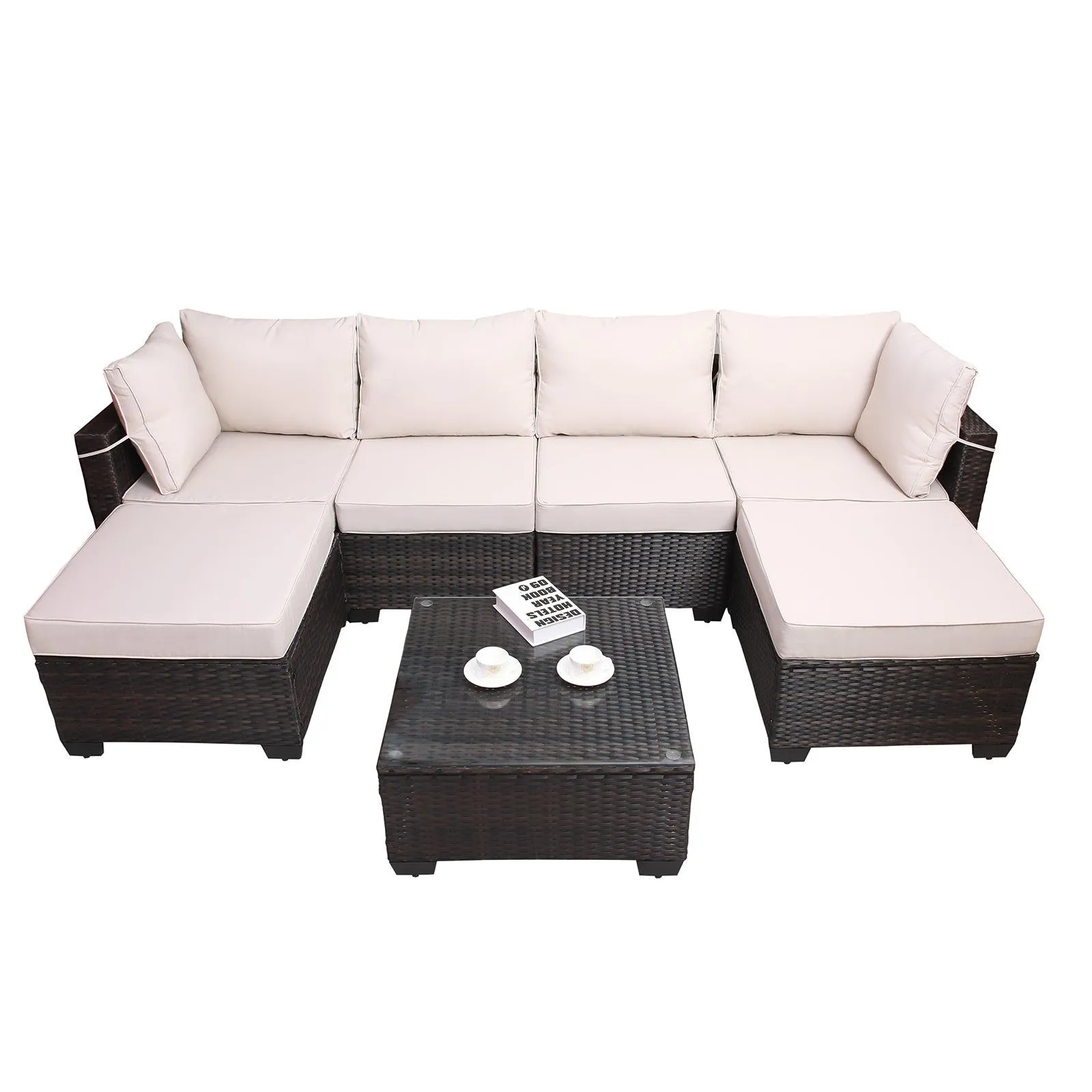 7-Piece PE Rattan Wicker Cushioned Sofa Sets and Coffee Table, Brown and Beige