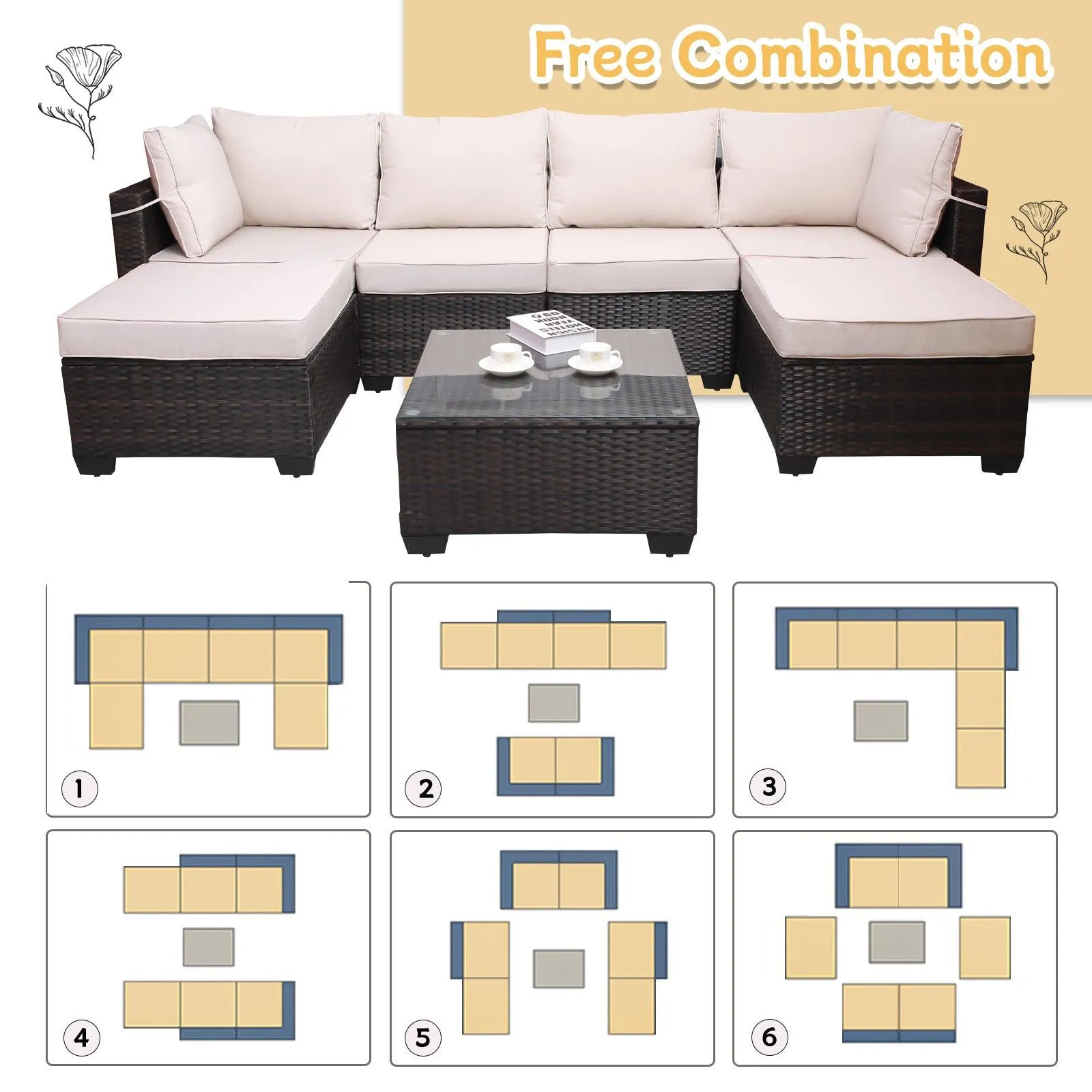 7-Piece PE Rattan Wicker Cushioned Sofa Sets and Coffee Table, Brown and Beige
