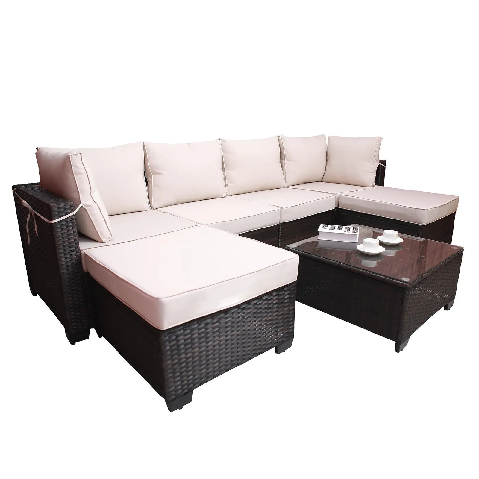 7-Piece PE Rattan Wicker Cushioned Sofa Sets and Coffee Table, Brown and Beige