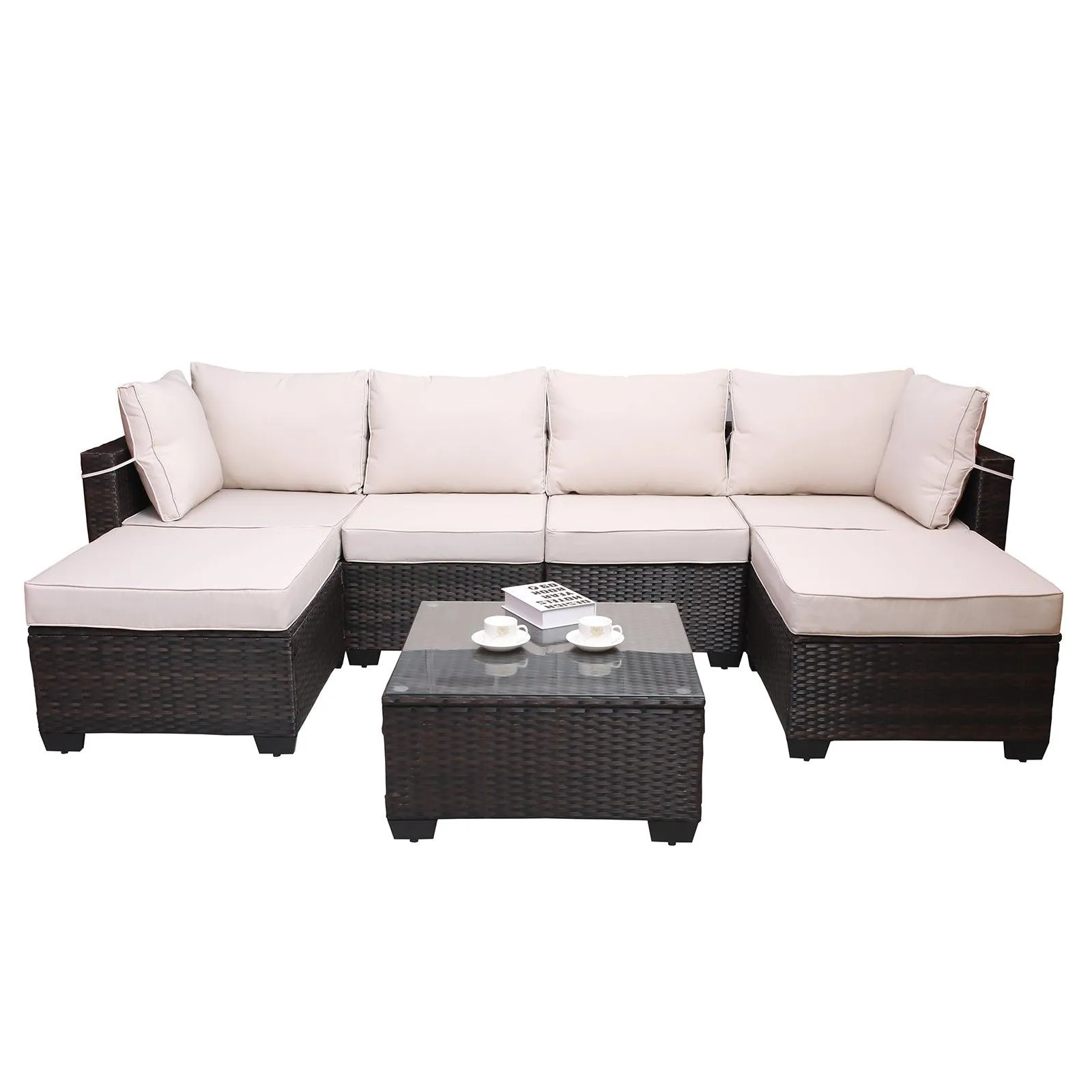 7-Piece PE Rattan Wicker Cushioned Sofa Sets and Coffee Table, Brown and Beige