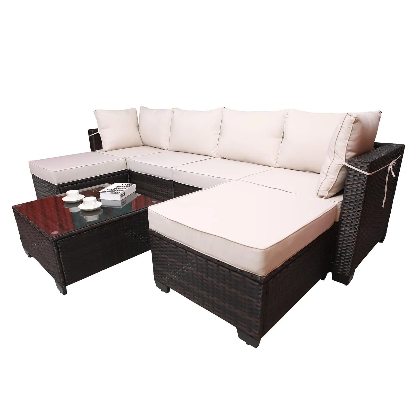 7-Piece PE Rattan Wicker Cushioned Sofa Sets and Coffee Table, Brown and Beige