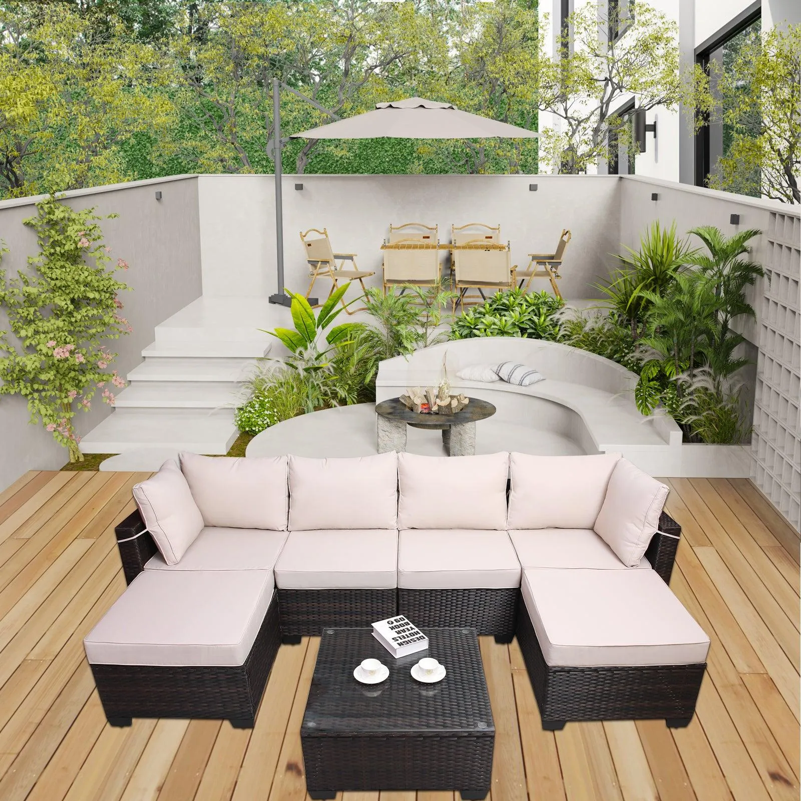 7-Piece PE Rattan Wicker Cushioned Sofa Sets and Coffee Table, Brown and Beige