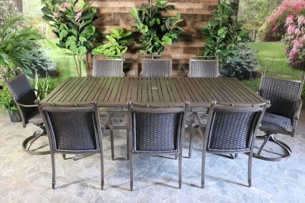ARUBA 9 PIECE DINING SET - 46" x 93" Dining Table, 6 Chairs and 2 Swivel Chairs