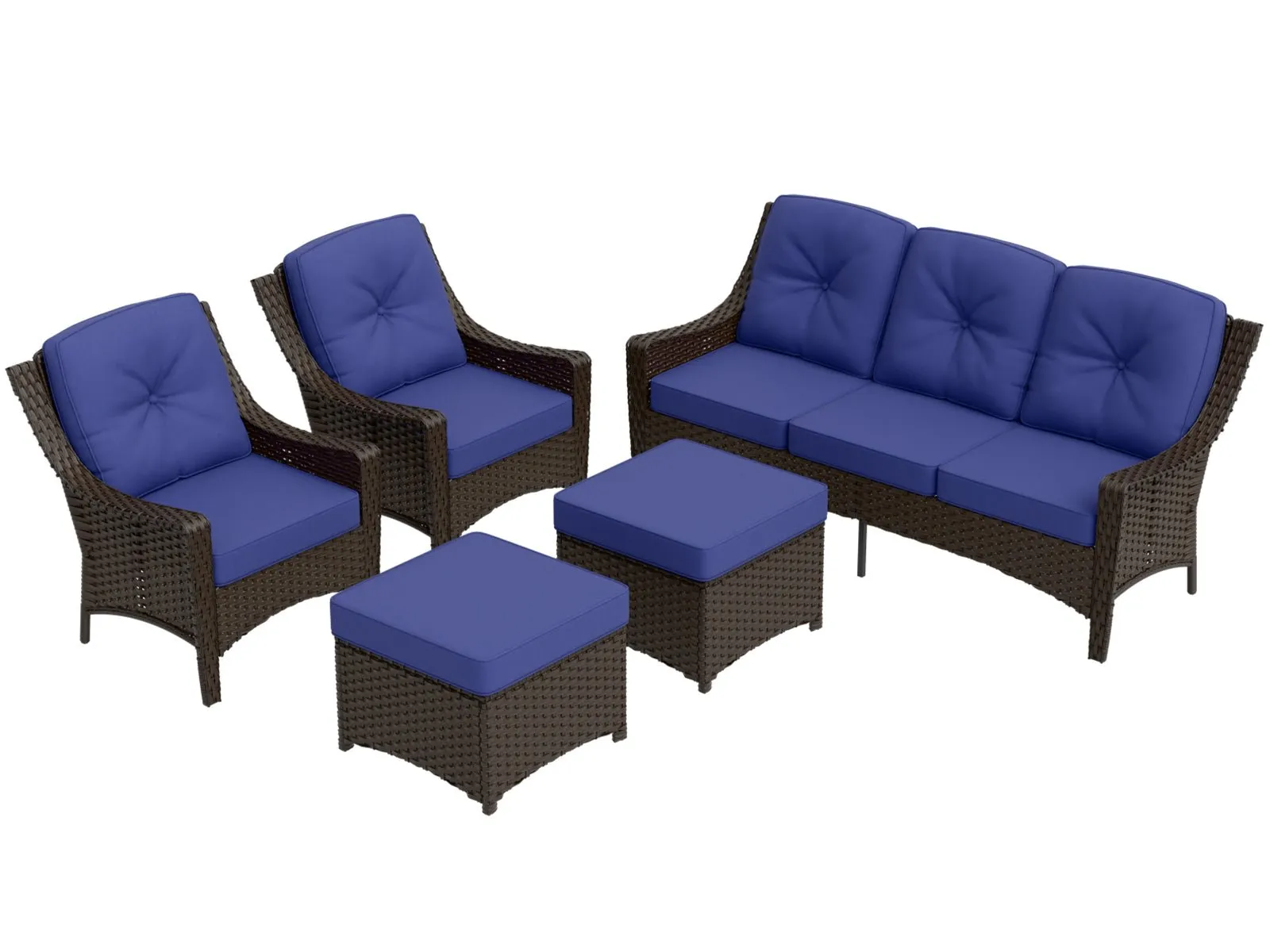 Azure Bay Wicker Outdoor Patio Furniture Set w/Single Chairs and Sofa, 5 Pieces