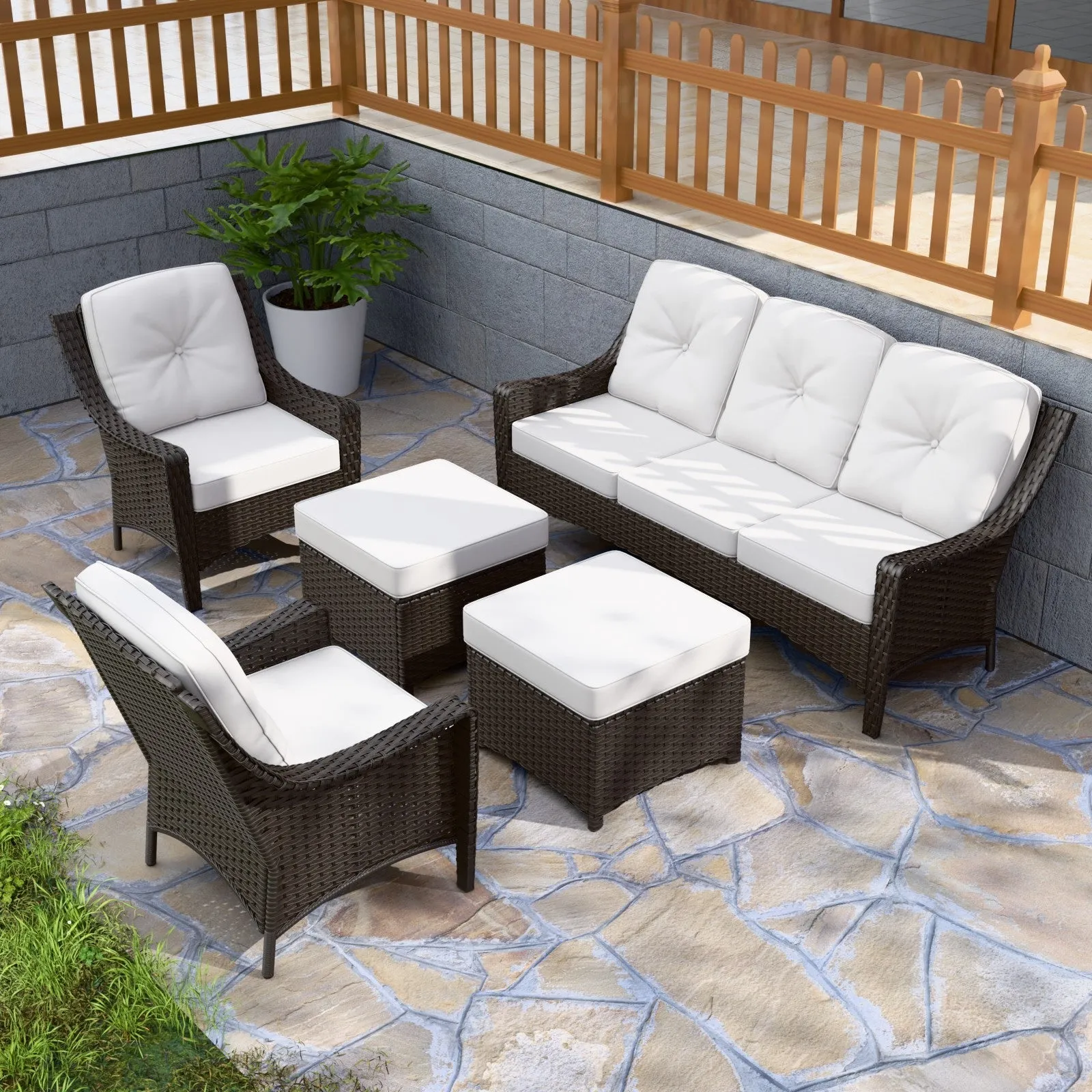 Azure Bay Wicker Outdoor Patio Furniture Set w/Single Chairs and Sofa, 5 Pieces