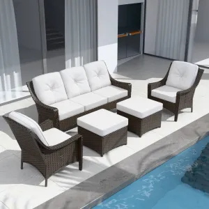 Azure Bay Wicker Outdoor Patio Furniture Set w/Single Chairs and Sofa, 5 Pieces