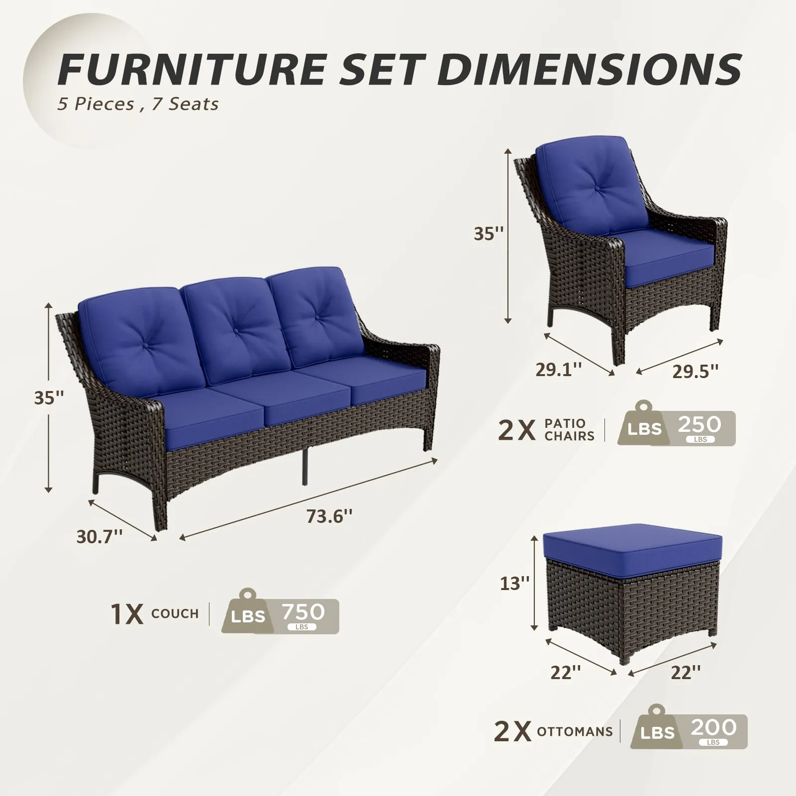 Azure Bay Wicker Outdoor Patio Furniture Set w/Single Chairs and Sofa, 5 Pieces