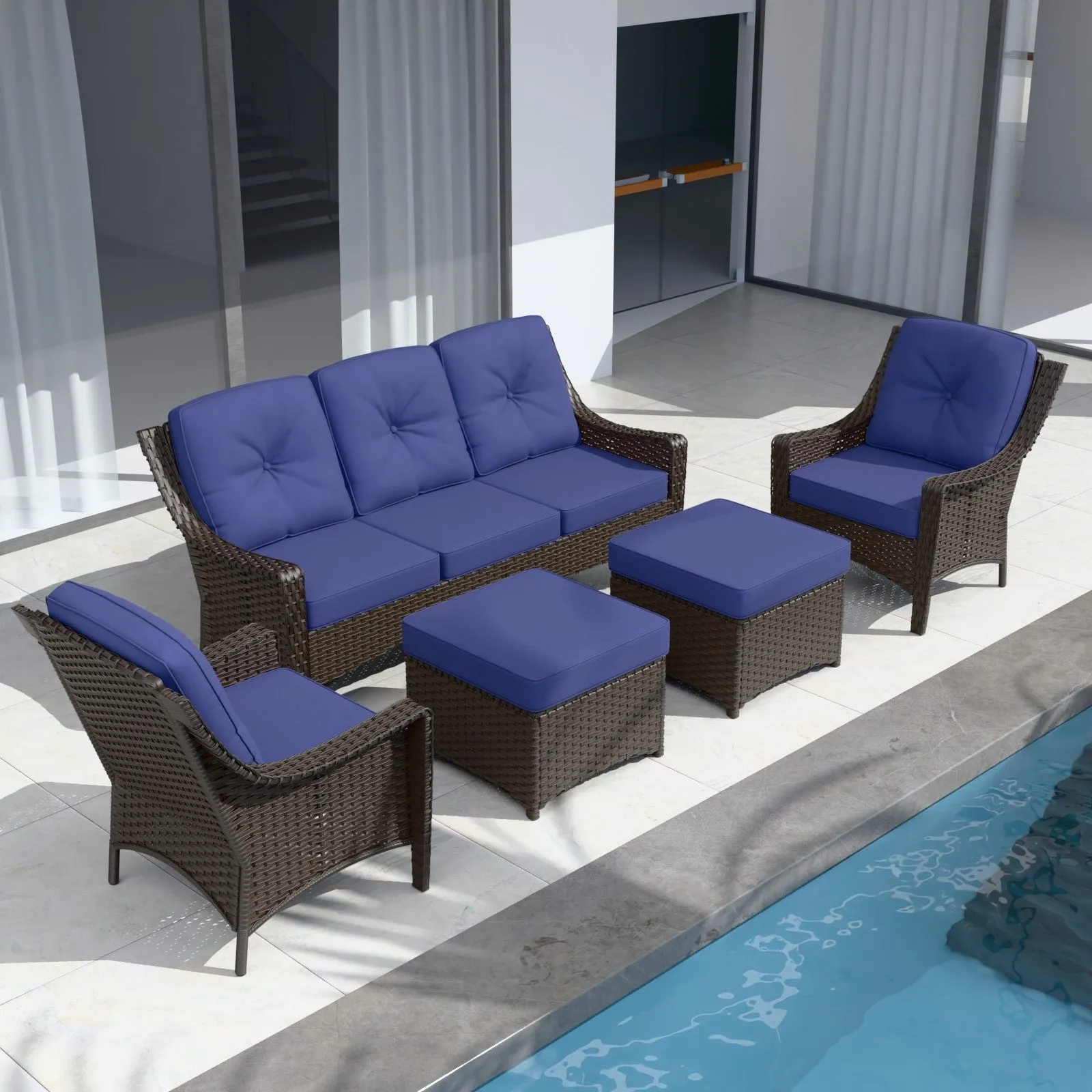 Azure Bay Wicker Outdoor Patio Furniture Set w/Single Chairs and Sofa, 5 Pieces