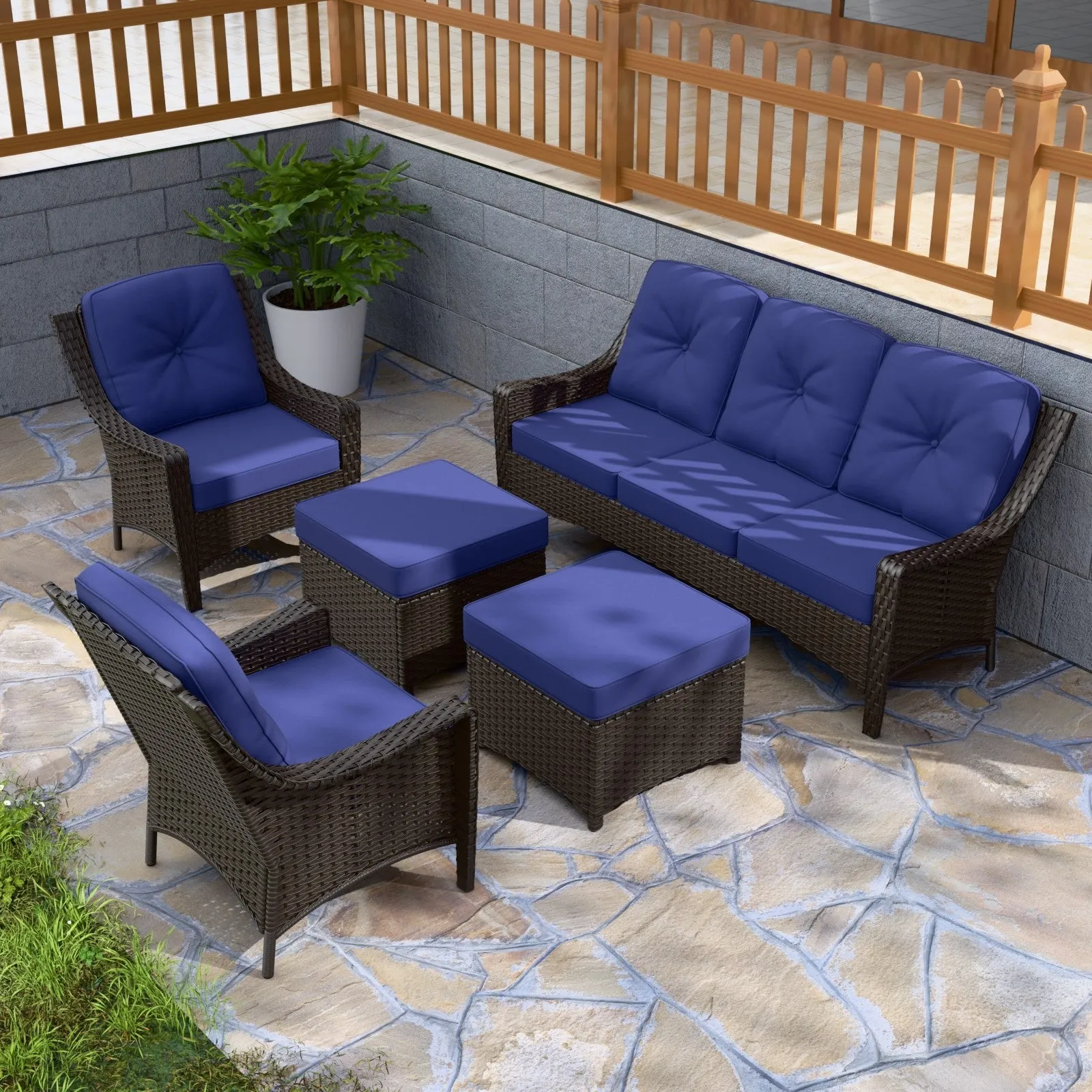 Azure Bay Wicker Outdoor Patio Furniture Set w/Single Chairs and Sofa, 5 Pieces