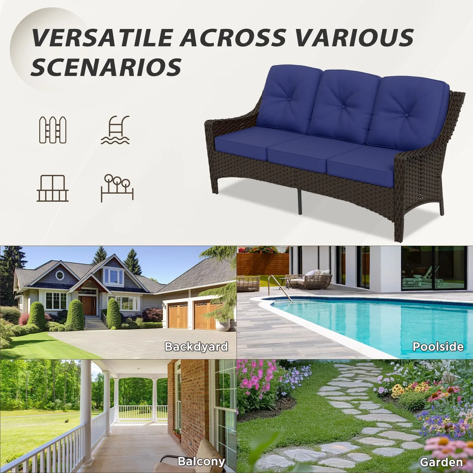 Azure Bay Wicker Outdoor Patio Furniture Set w/Single Chairs and Sofa, 5 Pieces
