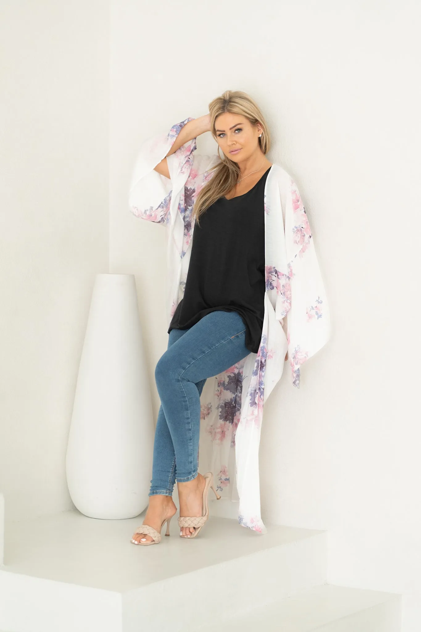 Chelsea White Floral Long Duster Kimono Beach Cover Up