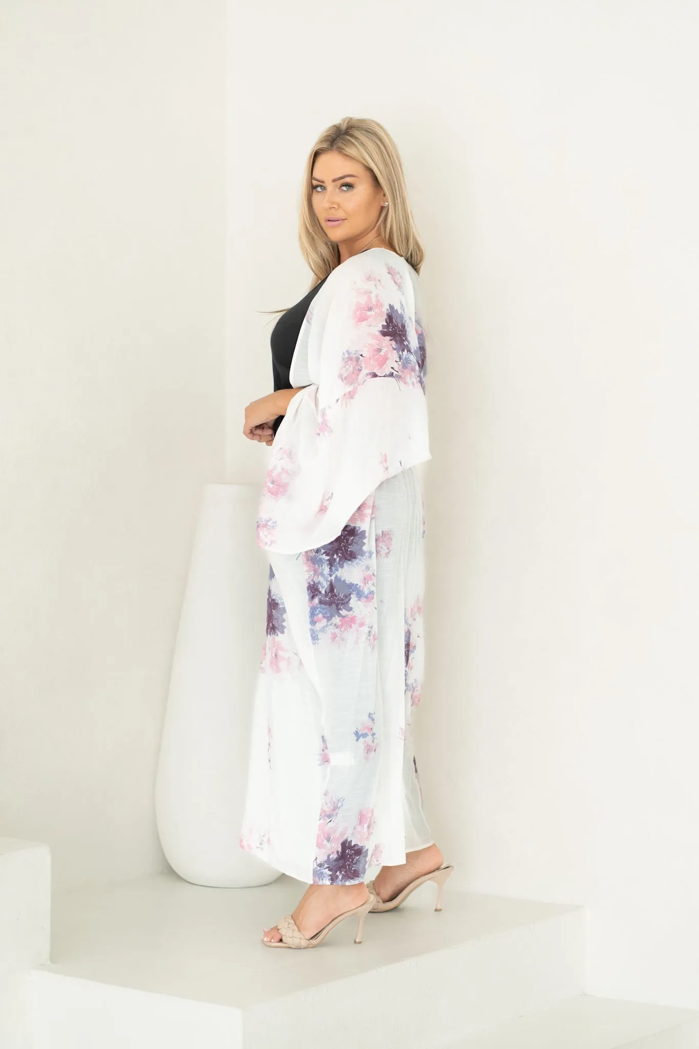 Chelsea White Floral Long Duster Kimono Beach Cover Up