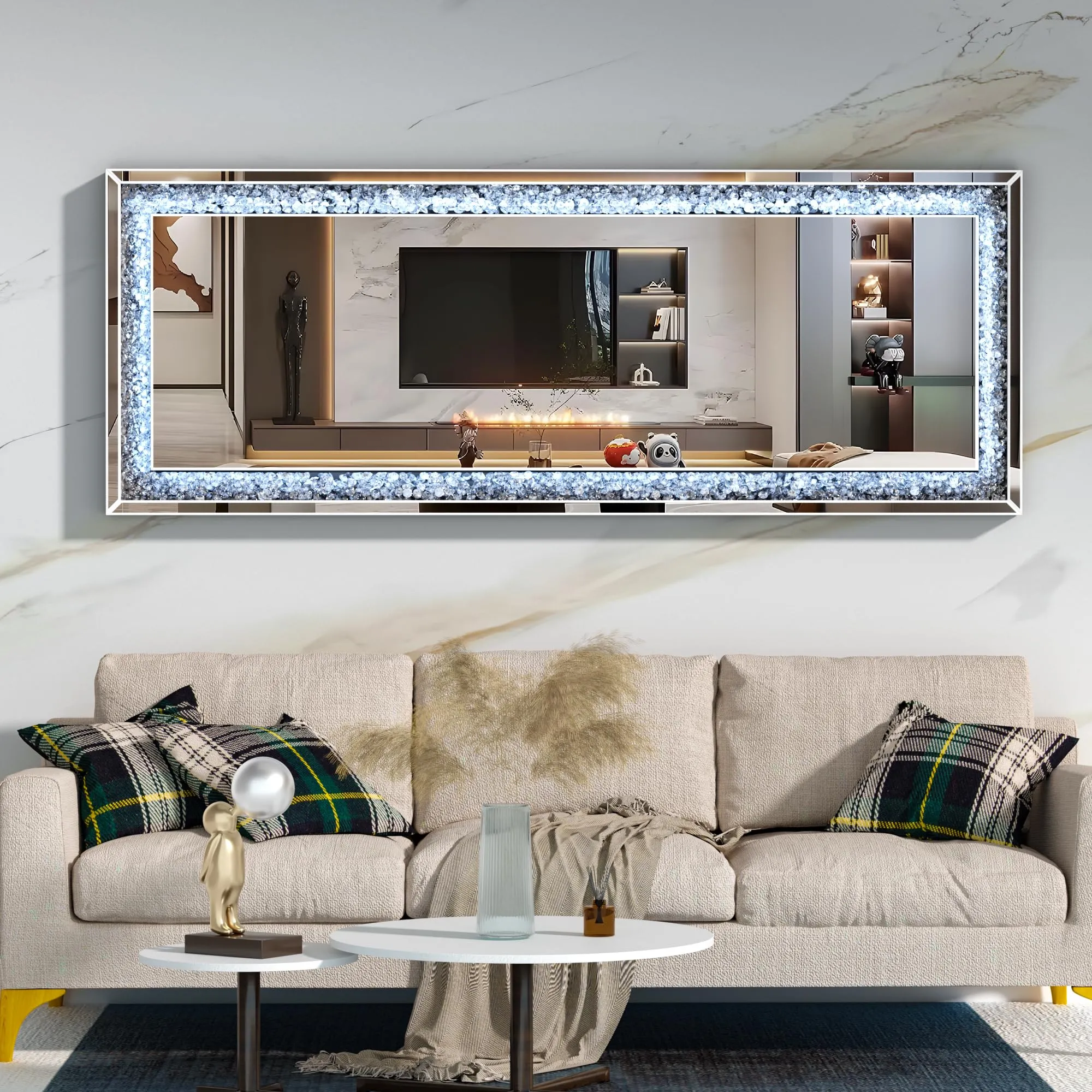 Hasipu Full-Length Mirror 69”×26” with Lights and Crystal Crush Diamond, Wall Mounted Hanging Diamond Mirror Leaning for Living Room Bedroom