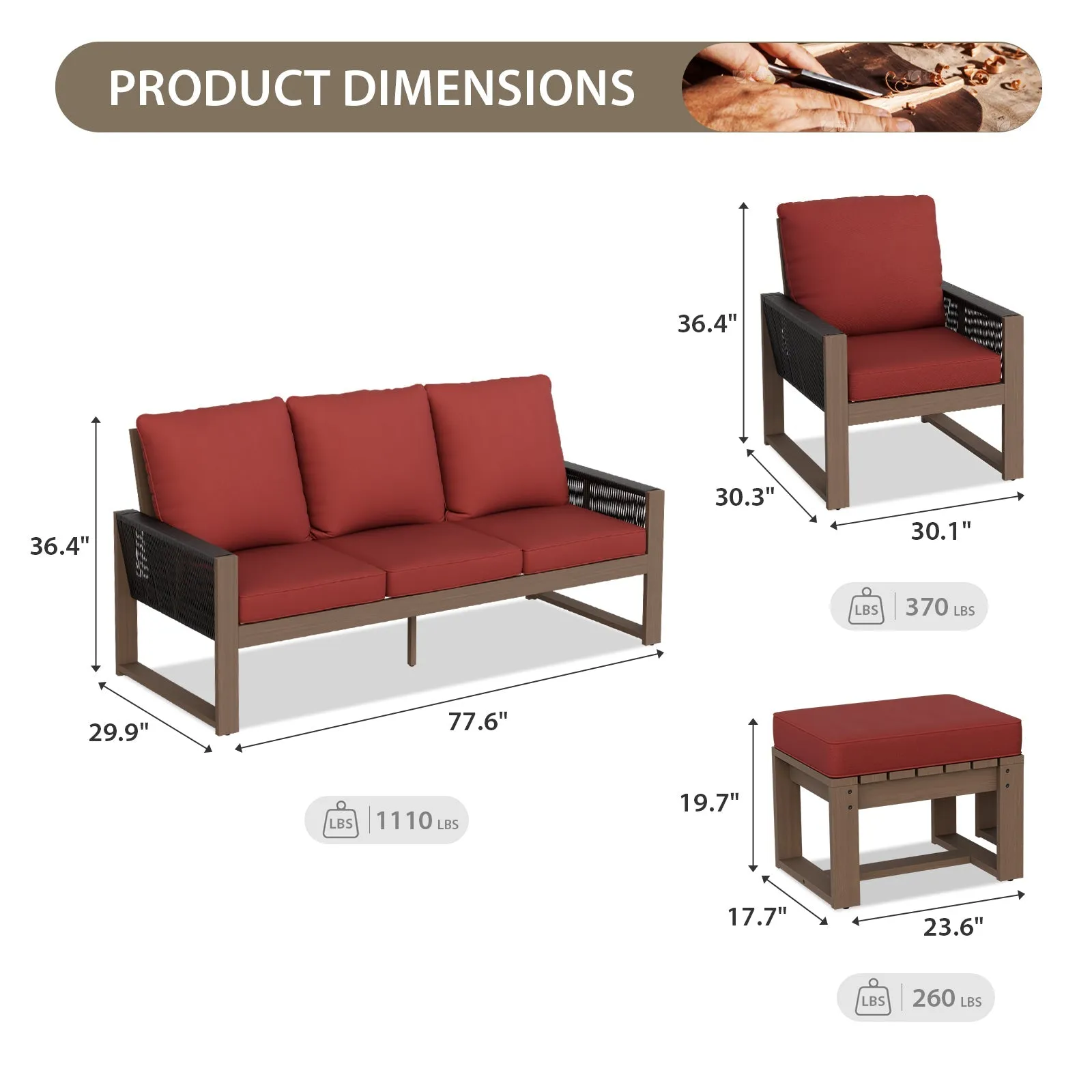 Natural Wood Outdoor Patio Furniture Set, 5 Pieces