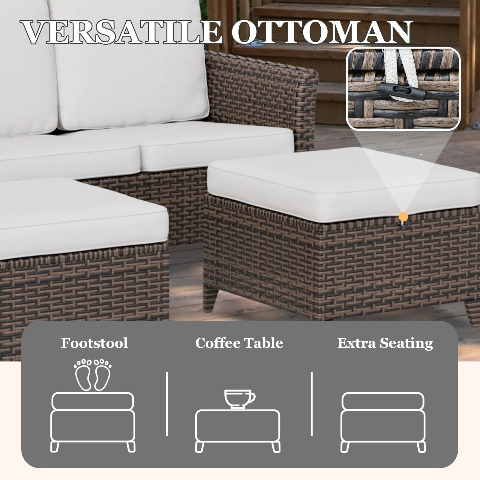 Ocean Vista Outdoor Wicker Couch Sofa with 2 Ottomans, Set of 3