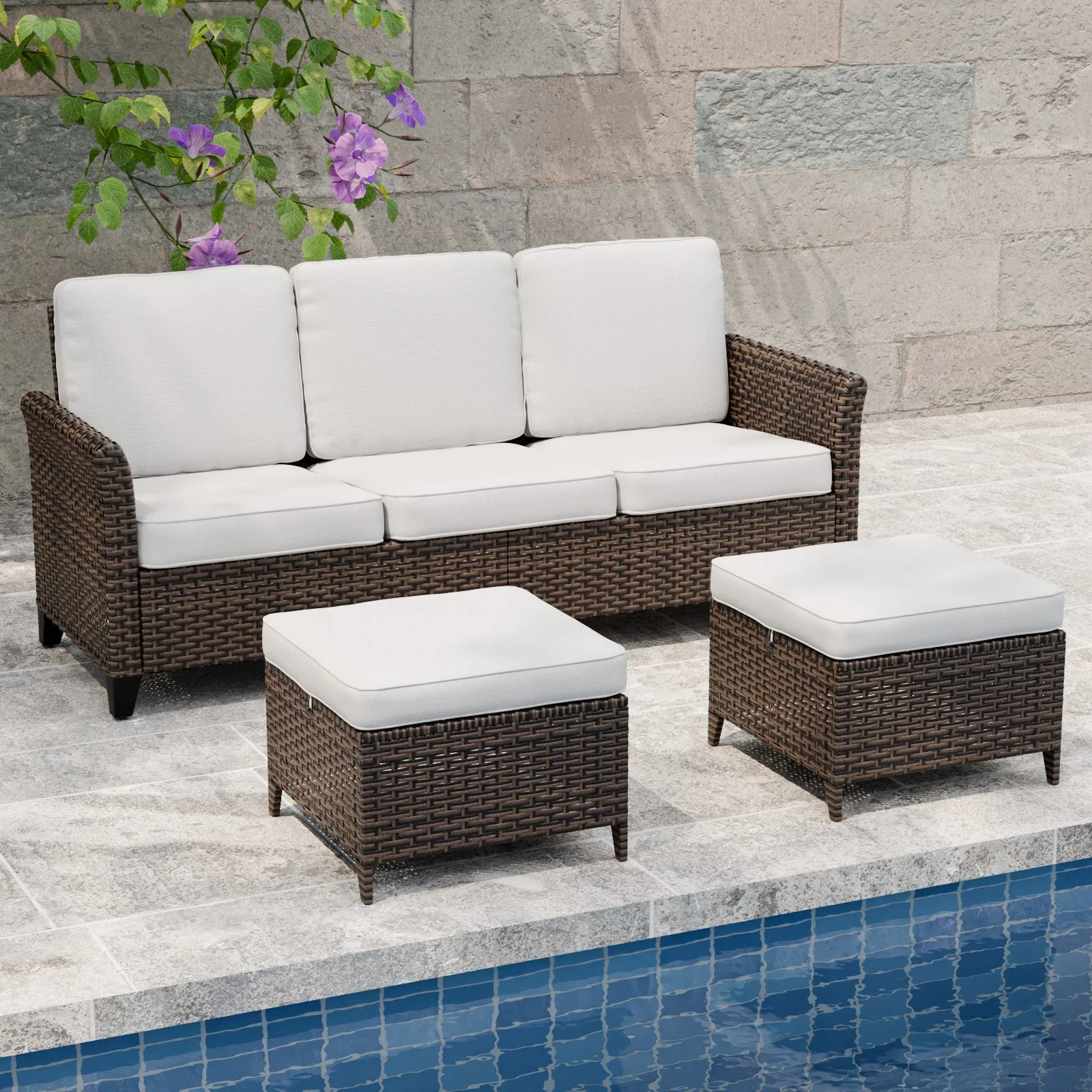 Ocean Vista Outdoor Wicker Couch Sofa with 2 Ottomans, Set of 3