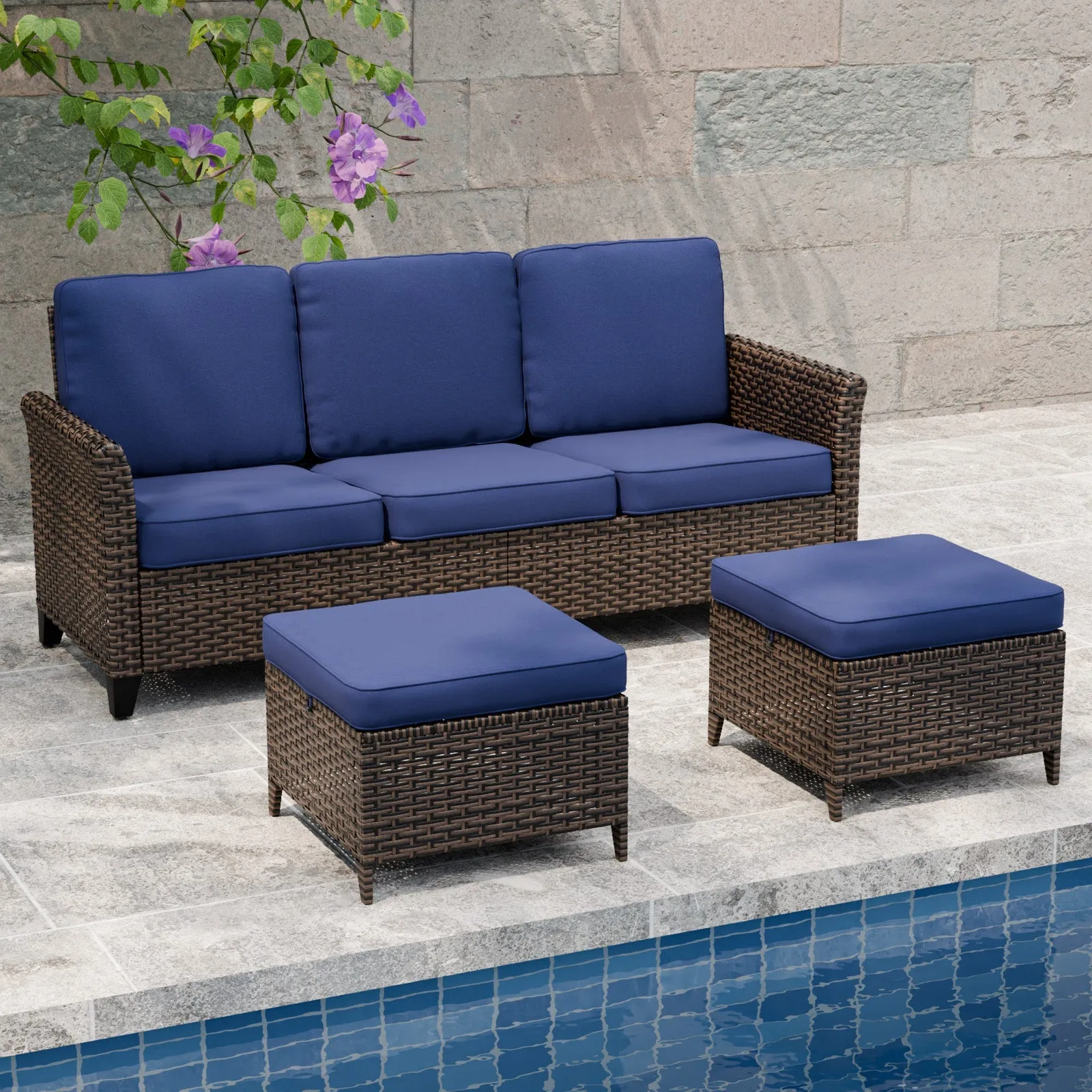 Ocean Vista Outdoor Wicker Couch Sofa with 2 Ottomans, Set of 3