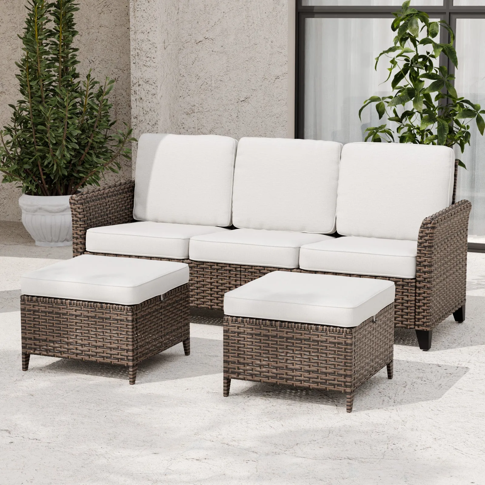 Ocean Vista Outdoor Wicker Couch Sofa with 2 Ottomans, Set of 3