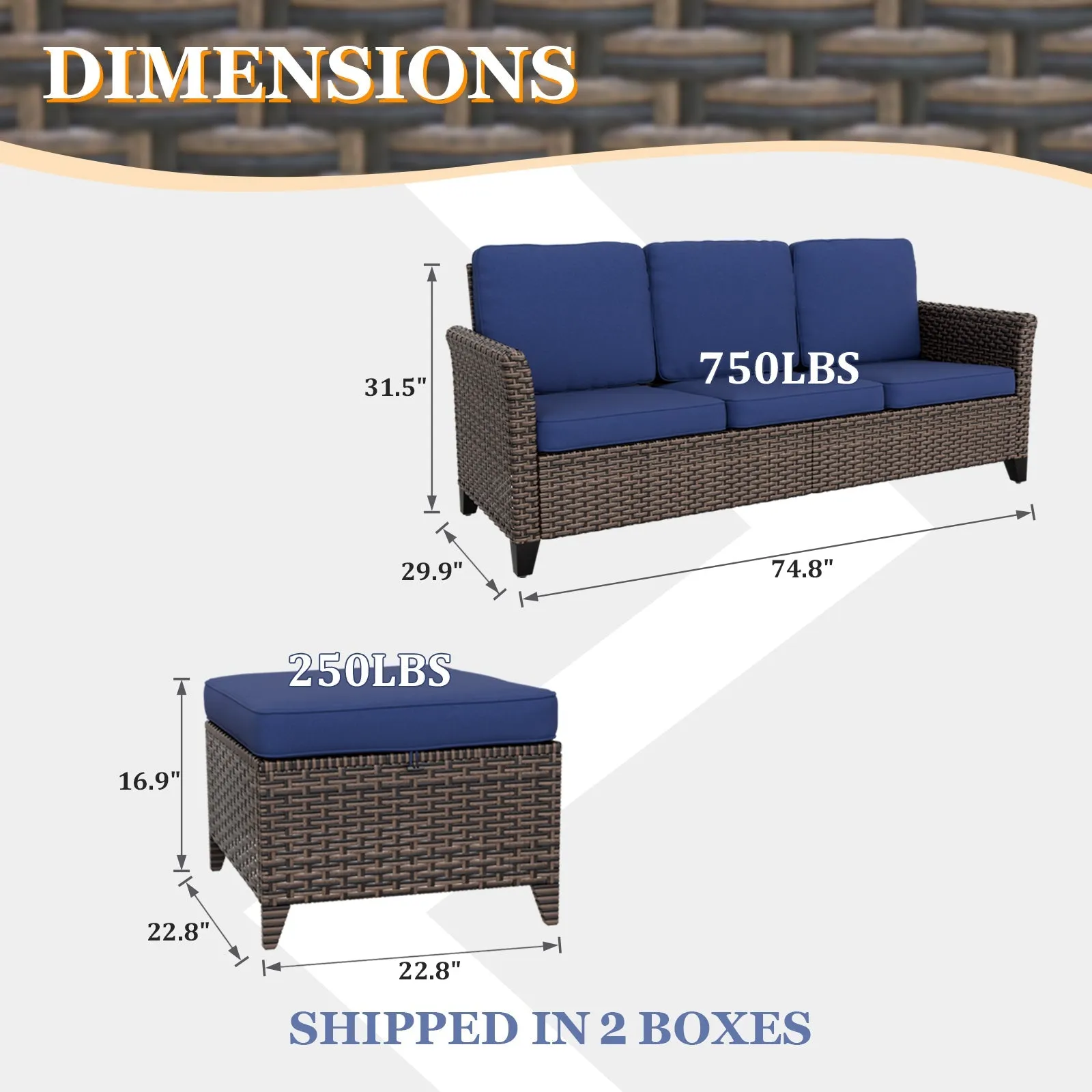 Ocean Vista Outdoor Wicker Couch Sofa with 2 Ottomans, Set of 3