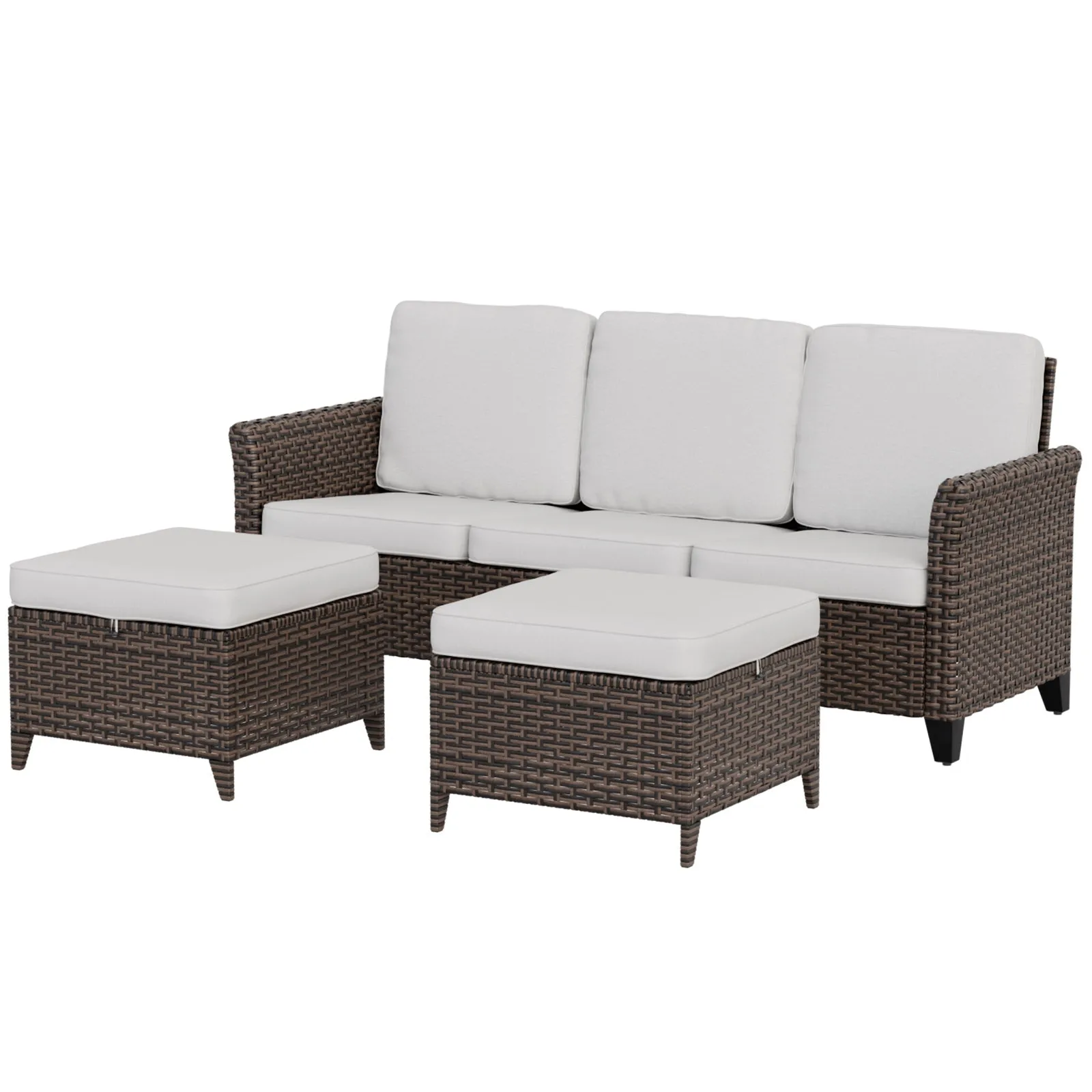 Ocean Vista Outdoor Wicker Couch Sofa with 2 Ottomans, Set of 3