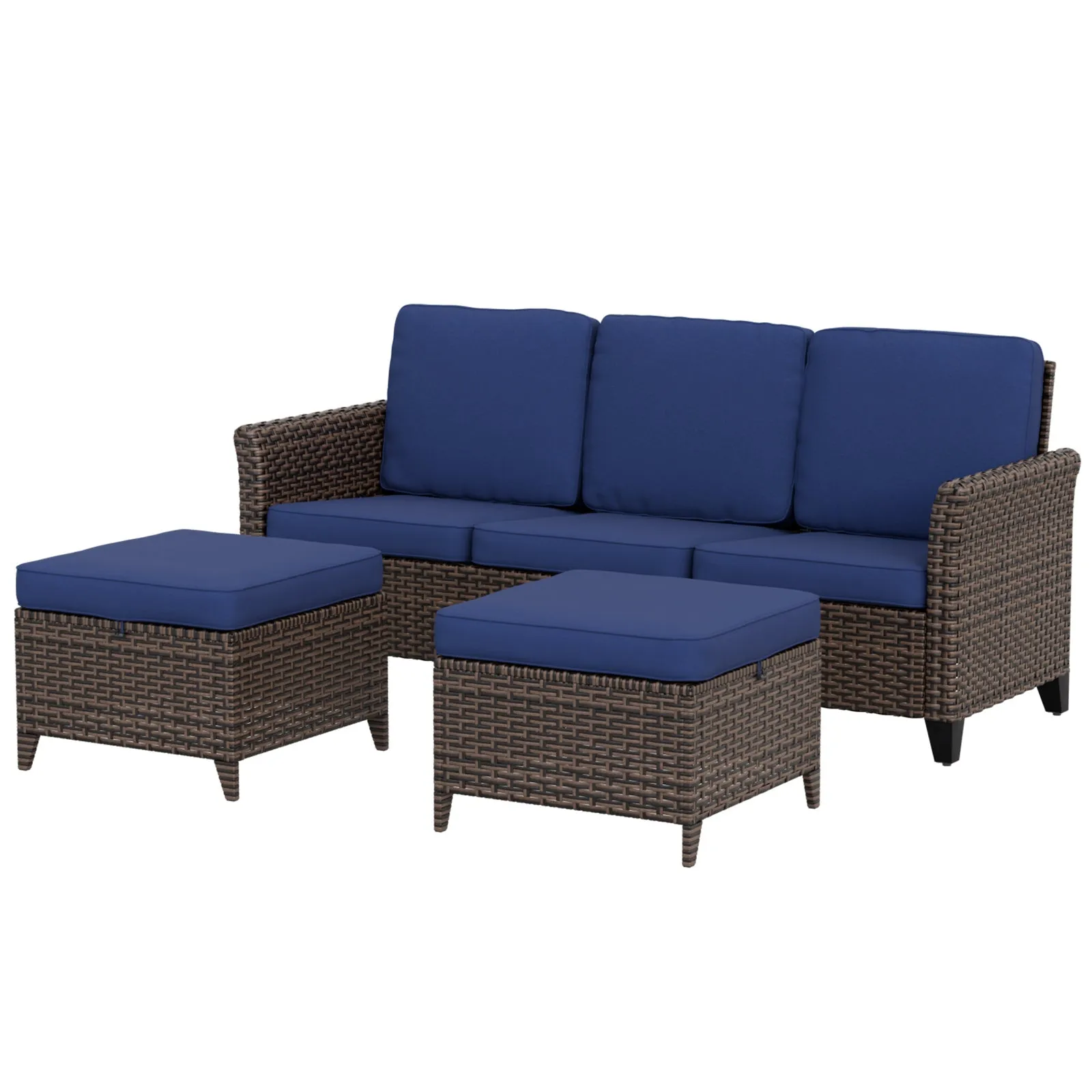 Ocean Vista Outdoor Wicker Couch Sofa with 2 Ottomans, Set of 3
