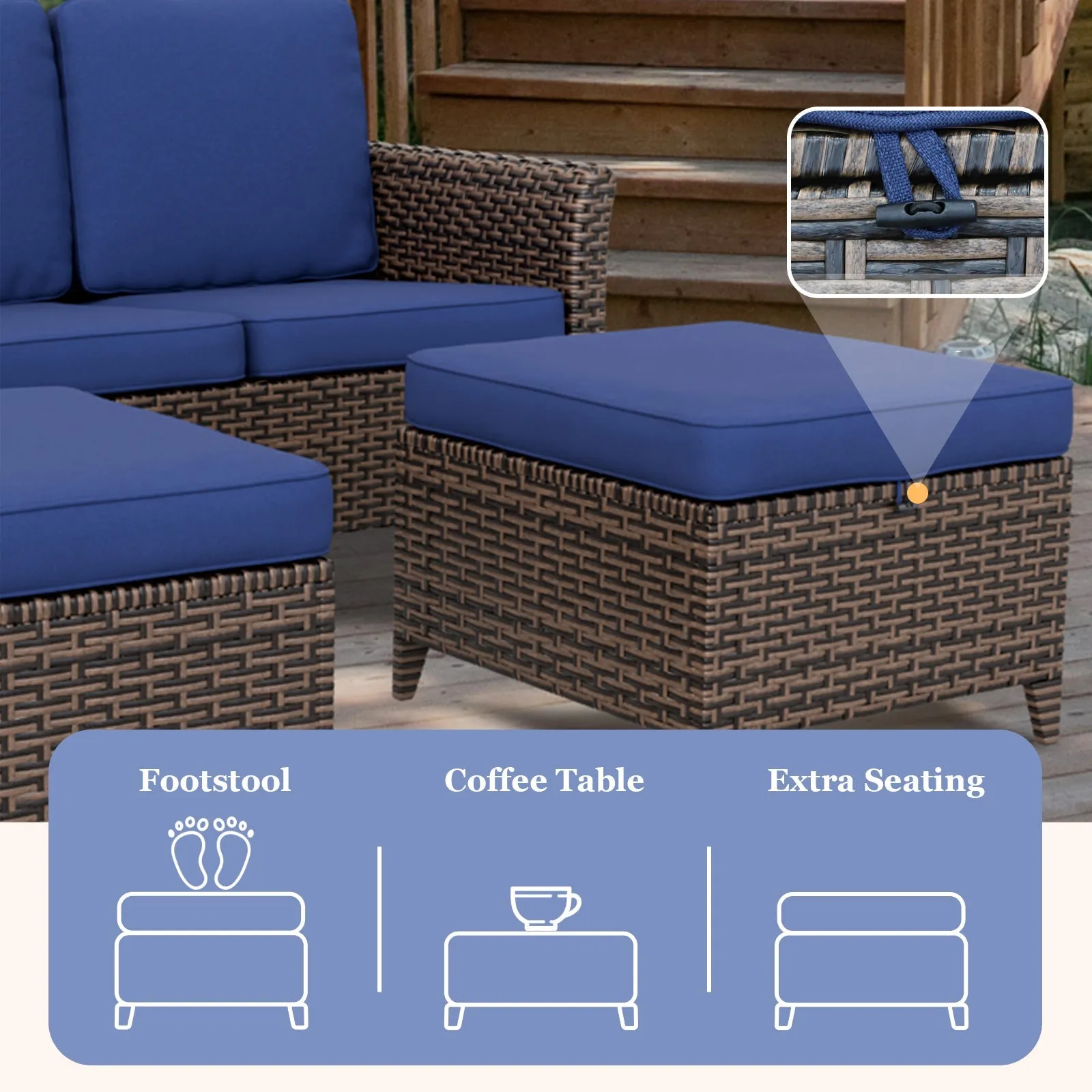 Ocean Vista Outdoor Wicker Couch Sofa with 2 Ottomans, Set of 3